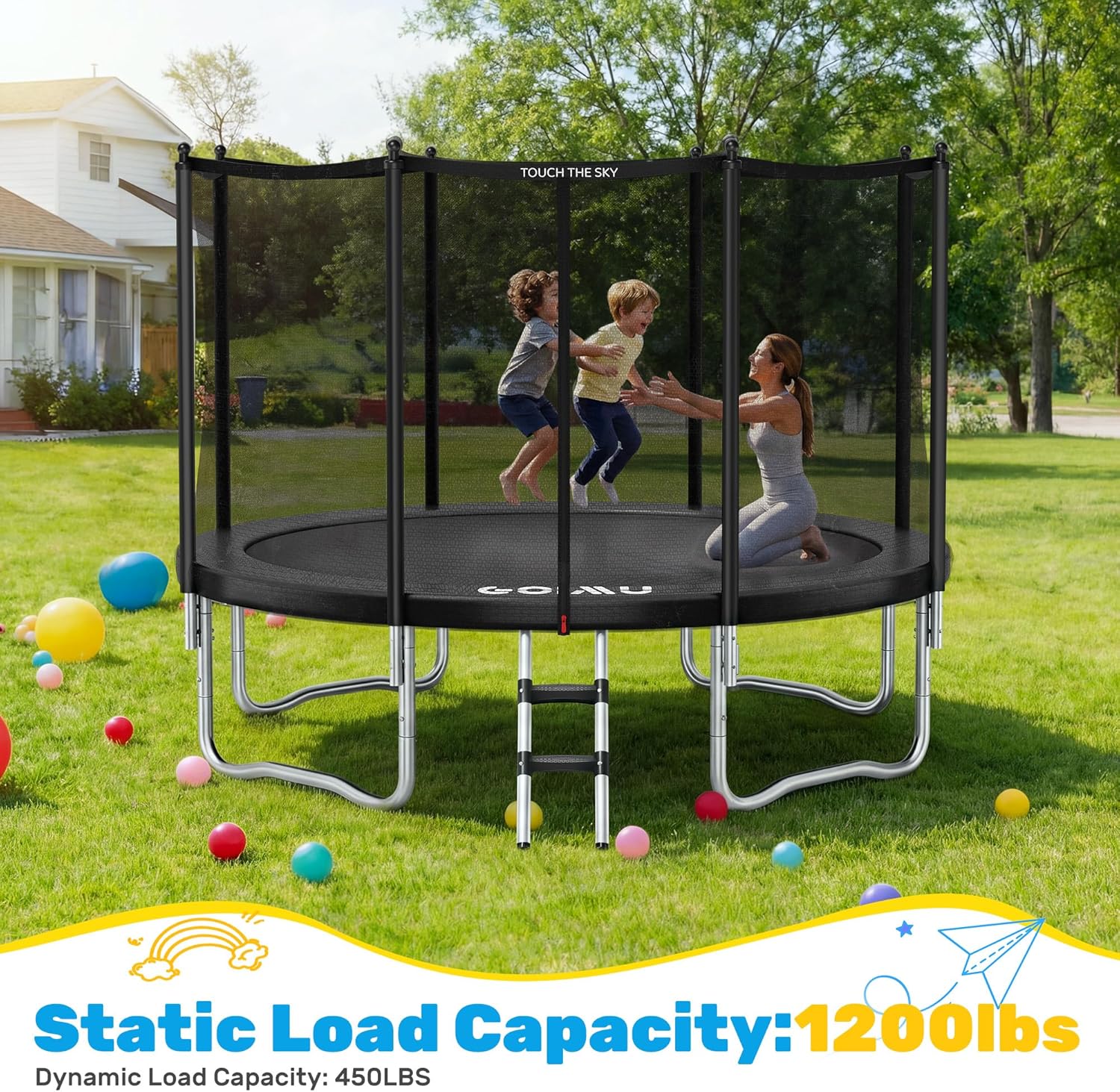 Trampoline Outdoor 12FT 14FT with Safety Enclosure Net, Trampoline for Kids and Adults with Ladder, ASTM Approved Recreational Trampoline Anti-Rust for Outdoor