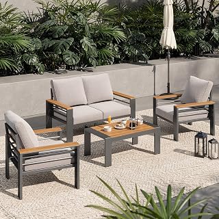Aoxun Aluminum Outdoor Patio Furniture Set, 4 Seats Outdoor Sectional with Coffee Table, Patio Conversation Sets with Upgraded Armrests and Cushions for Backyard, Garden and Poolside
