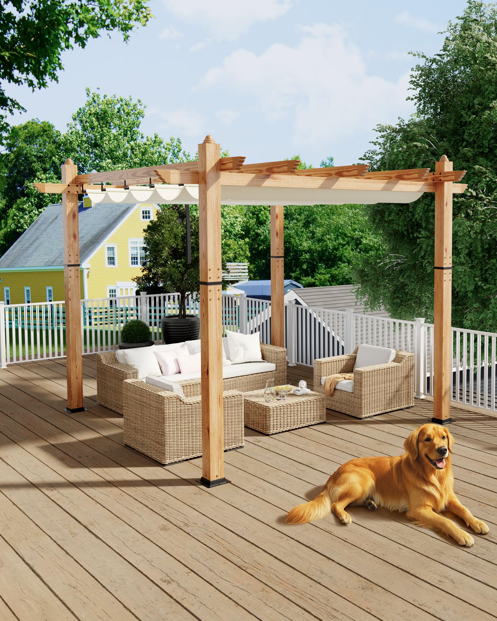 KYBOLT 10x10 Ft Outdoor Pergola with Retractable Canopy Aluminum Imitation Wood Grain Metal Patio Pergola for Backyard Deck Porch Grape Trellis(Beige)