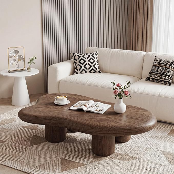 48.43" Modern Cloud Coffee Table with 4 Cute Drum Legs Brown Tea Center Table Solid Wood Coffee Tables for Living Room Bedroom Small Space, Easy Assembly, Walnut