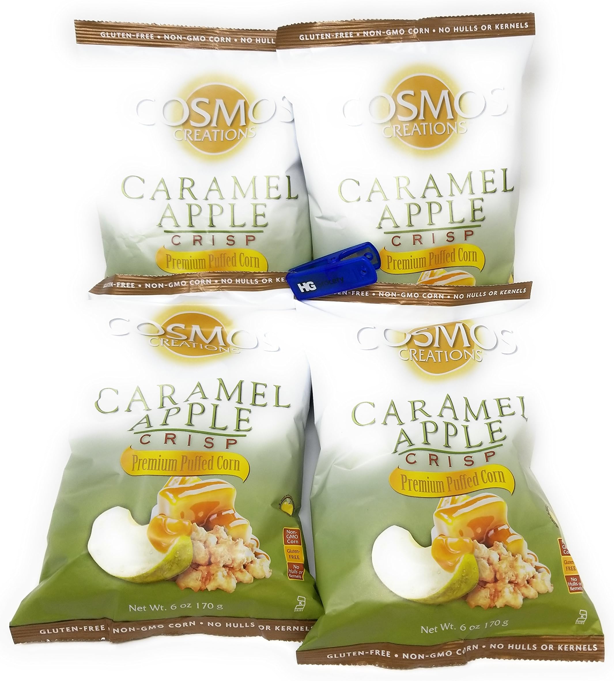 Cosmos Creations Premium Puffed Corn 4 Pack, Gluten Free, Non GMO Snacks, Bonus One HG Grocery Bag Clip (Colors Vary) (Caramel Apple Crisp, 6 Ounce)