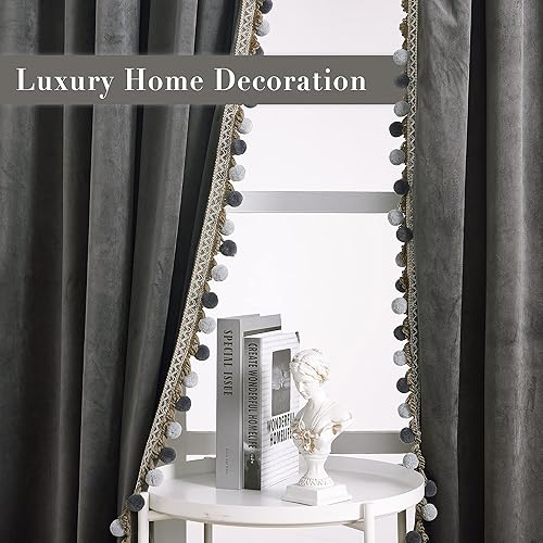 Miniatura 8 de StangH Cortinas de terciopelo gris Juego de 2 paneles de cortinas de lujo con pompones para sala de estar, cortinas bohemias para oscurecer la