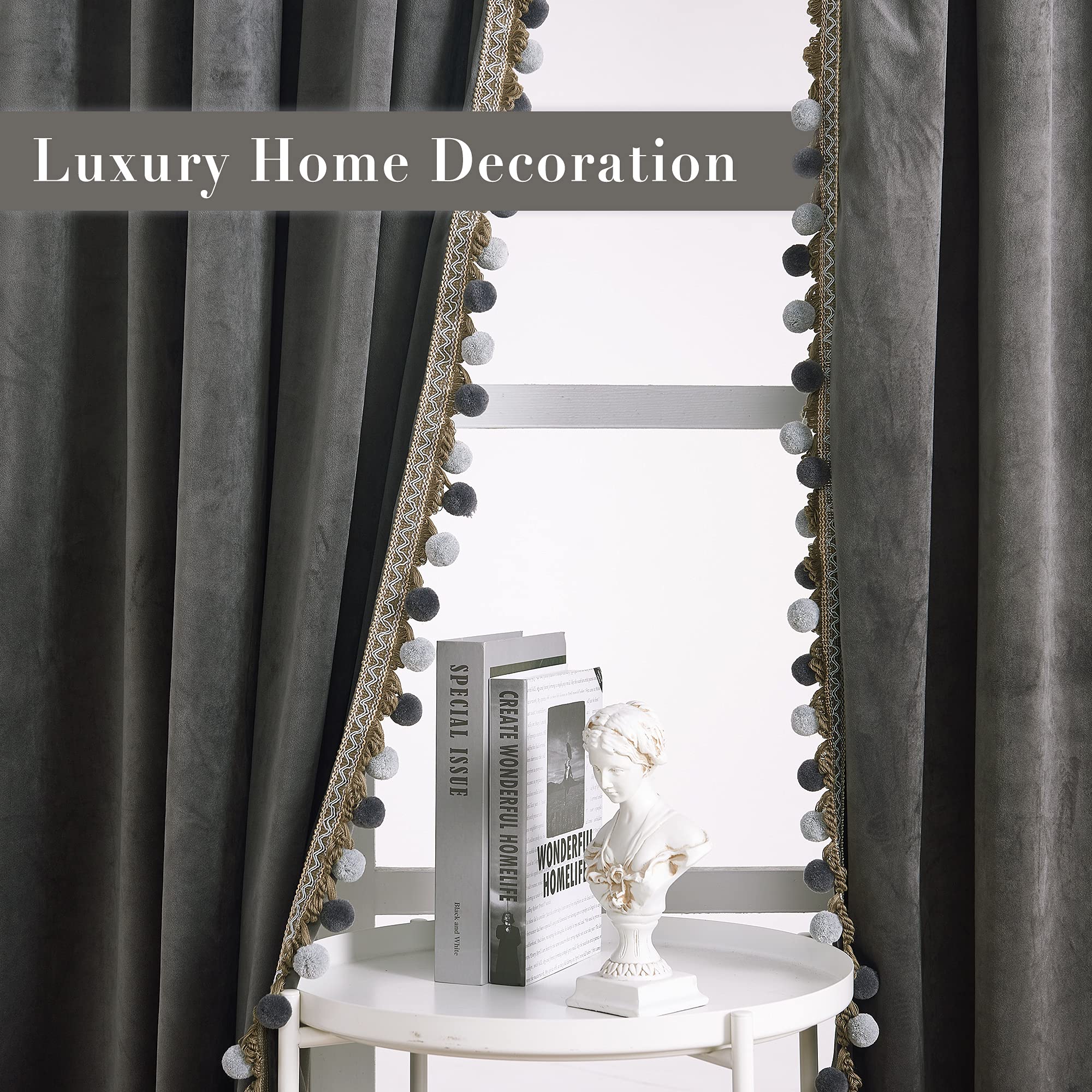 StangH Cortinas de Terciopelo de Lujo con Pompones, Cortinas Decorativas para oscurecer la habitación, con Aislamiento térmico, Bolsillo para cortinero, para Sala de Estar/Armario, 52 Pulgadas de
