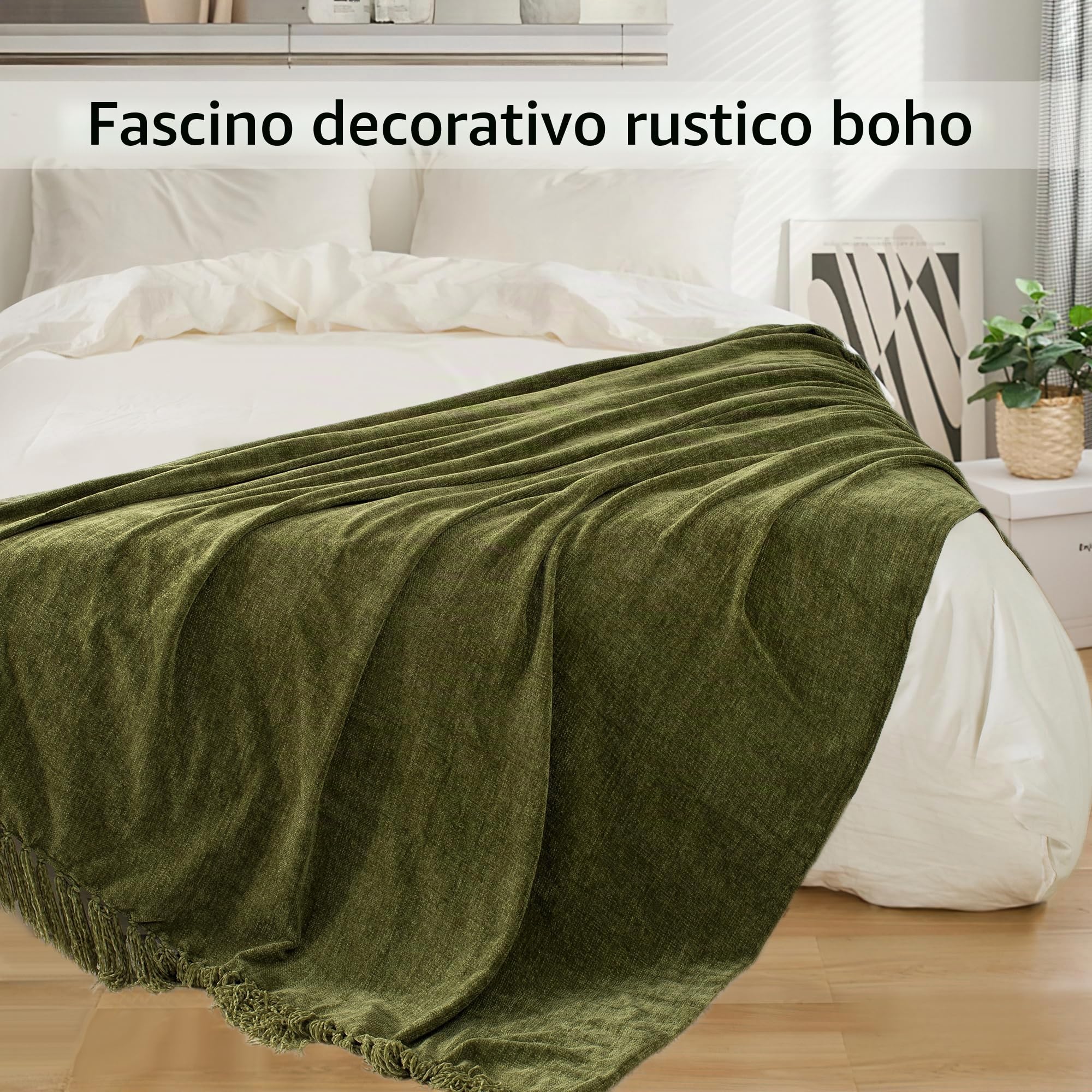 Coperta in ciniglia per divano, 127 x 152,4 cm, morbida e accogliente con frange e nappe, per letto, divano, sedia, leggera, decorativa, stile bohémien, per regalo, verde oliva