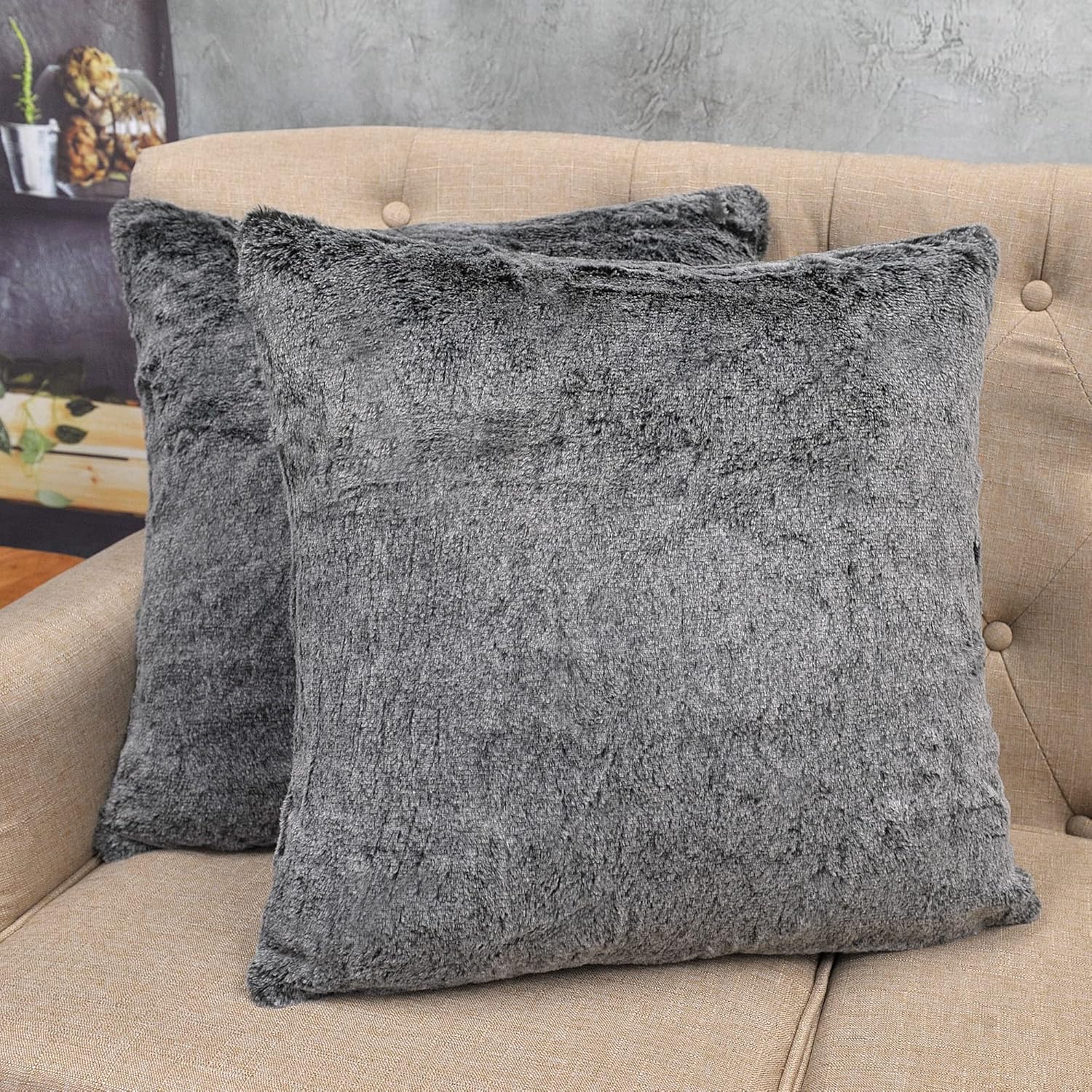 Home Soft Things Tip Dyeing Faux Fur Pillow Shell Set of 2, 20'' x 20'', Black, Lightweight Decorative Soft Comfy Fuzzy Throw Pillow Cover Bed Couch Pillow Covers for All Seasons