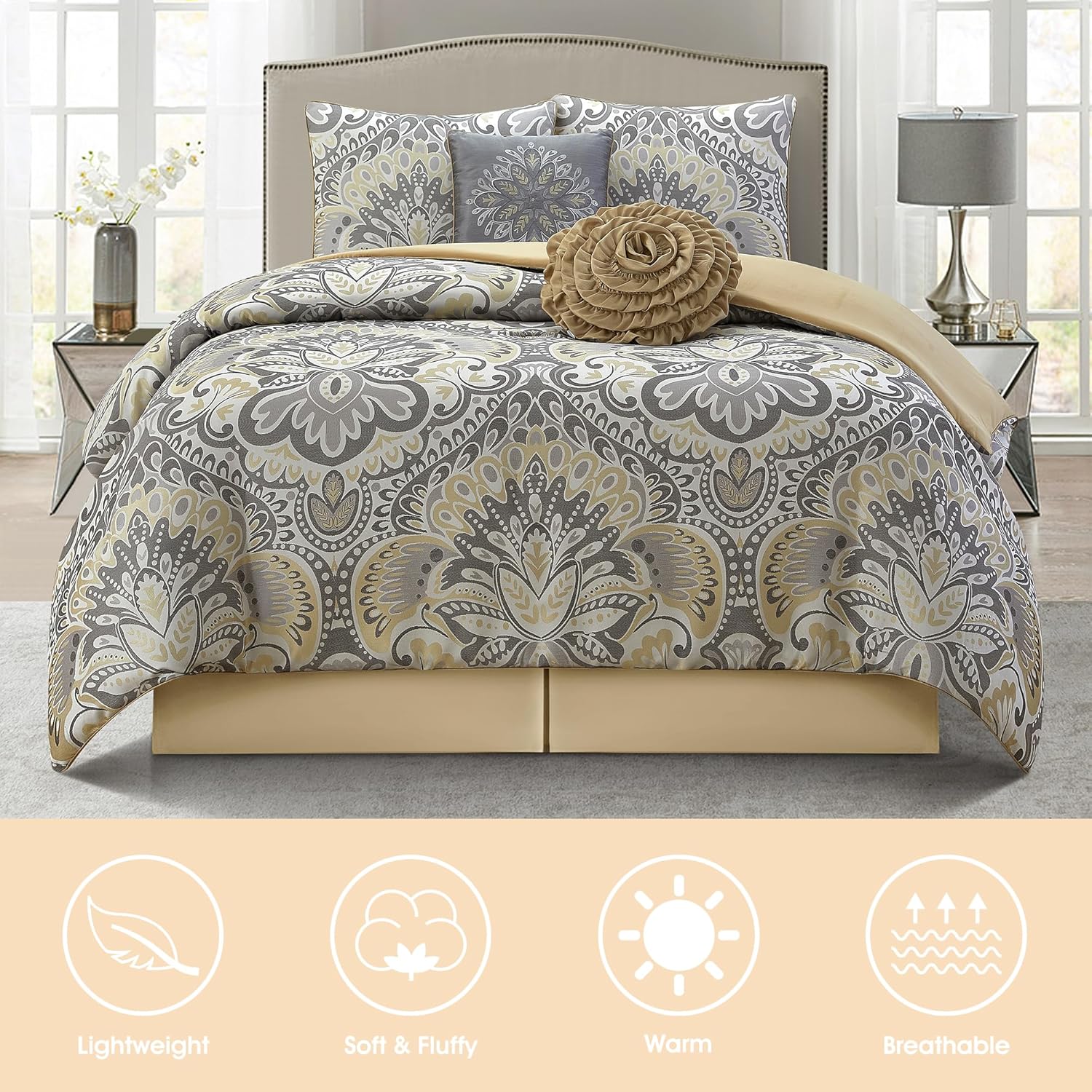Grey Yellow 6 Piece Comforter Set, Queen, Elegant Floral Jacquard, Ultra Soft Bed Set for All Seasons, Bed in a Bag, Include Comforter, Bed Skirt, Pillow Shams & Decor Pillows
