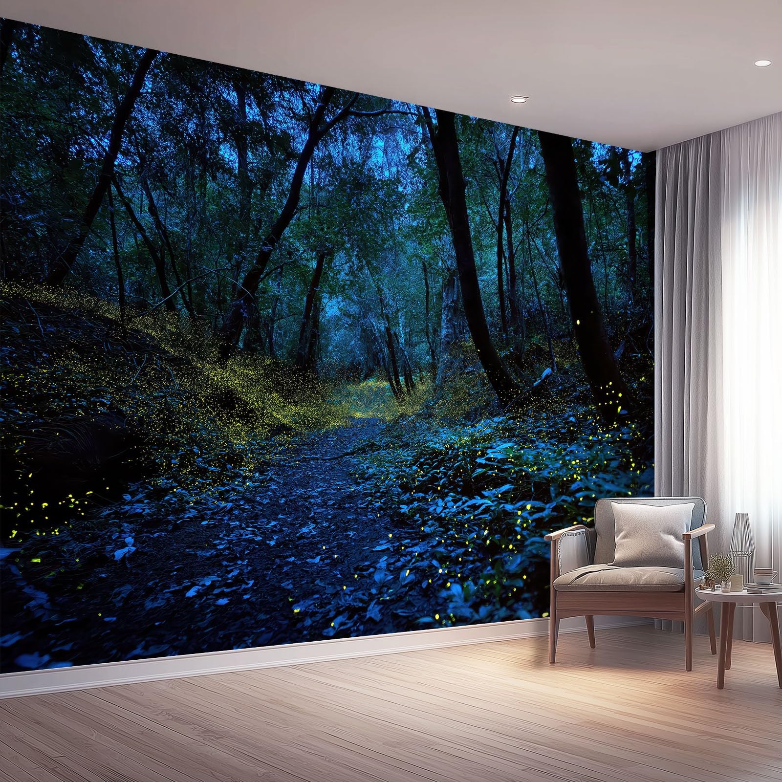 Papier peint panoramique arbres chemin lucioles 150x105 cm pour salon et bureau