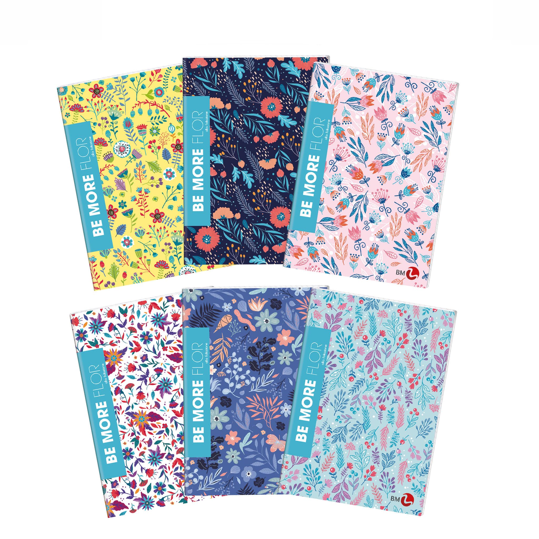 BM BeMore FLOR Maxi A4 Ruled Notebooks with No Margins - 10 Piece Set with Glitter Floral Covers - 96 Pages, 100g Paper, Ideal for Middle and High School