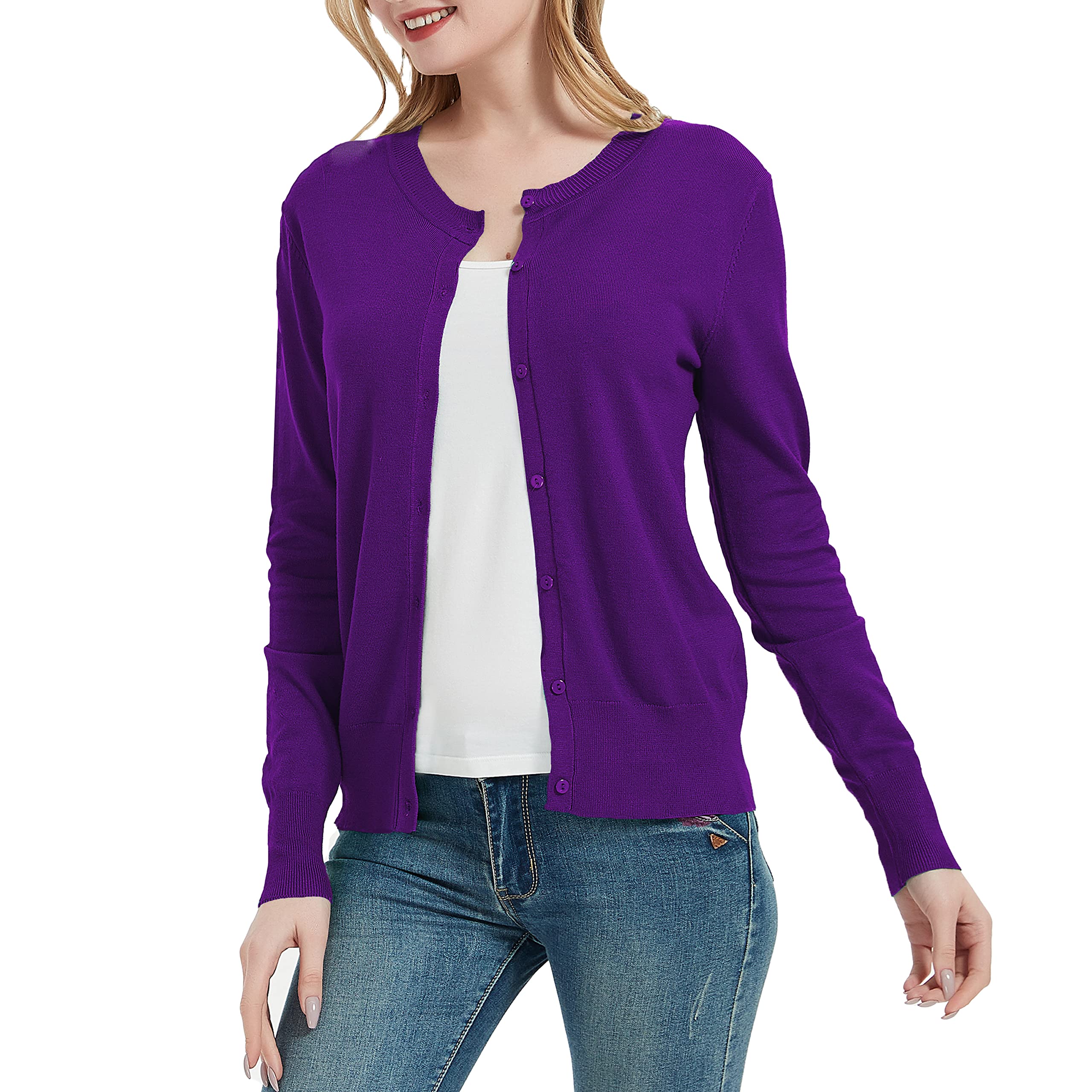 Women's Crew Neck Button Down Long Sleeve Cardigan Sweater