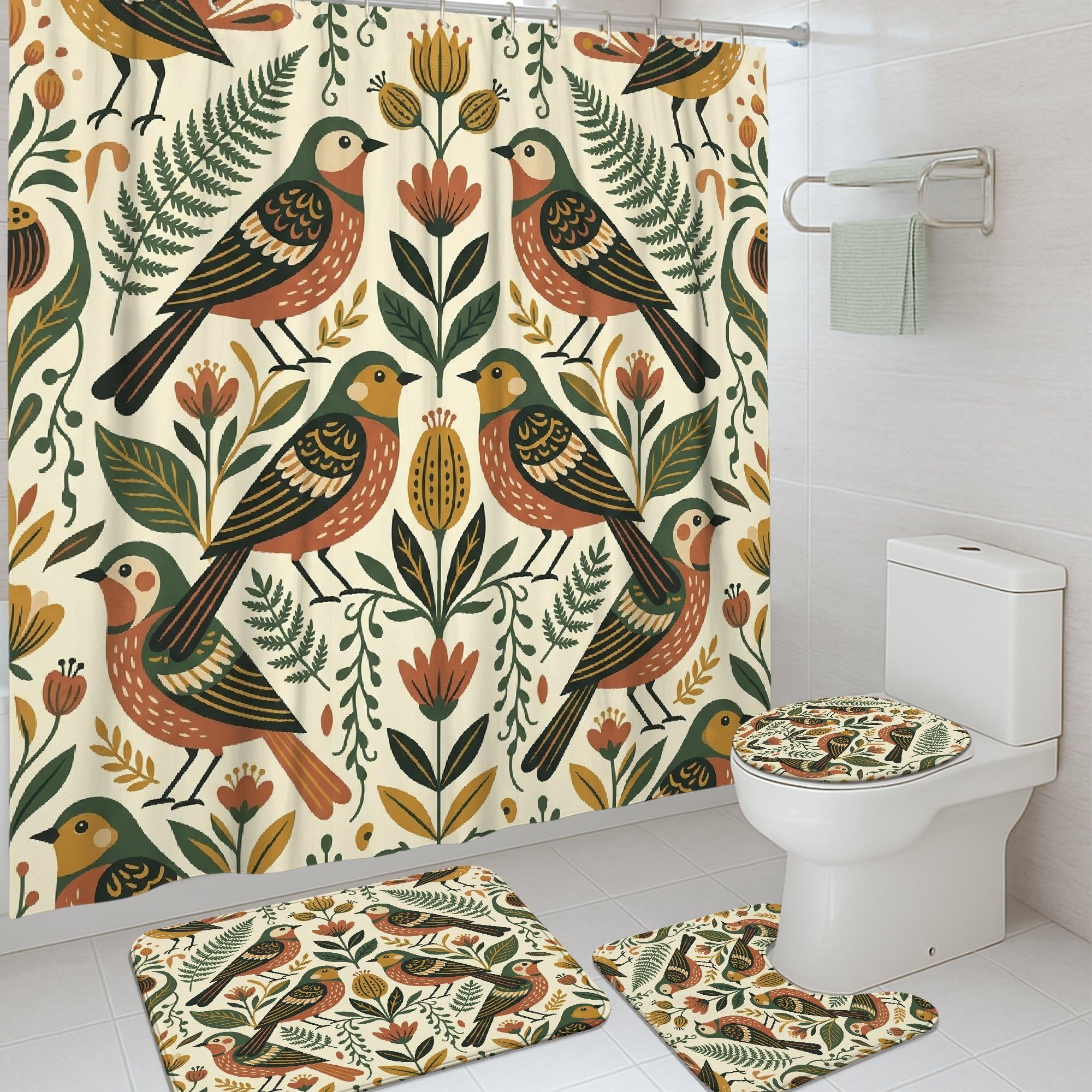 Rideau de douche motif oiseaux fleurs naturelles feuilles vert automne avec tapis