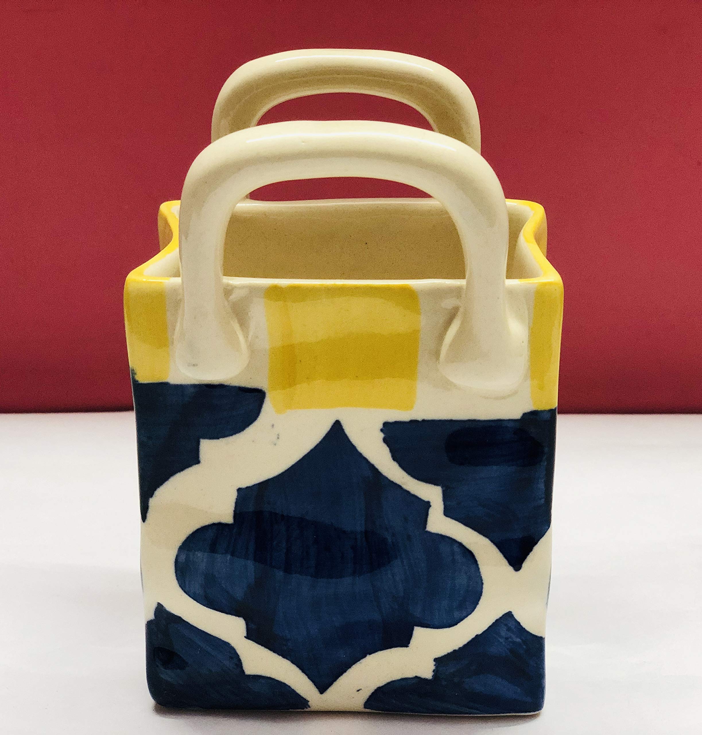 Hs Hindustani Saudagar Handpainted Ceramic Small Cutlery Holder Set of 1, Blue & Yellow