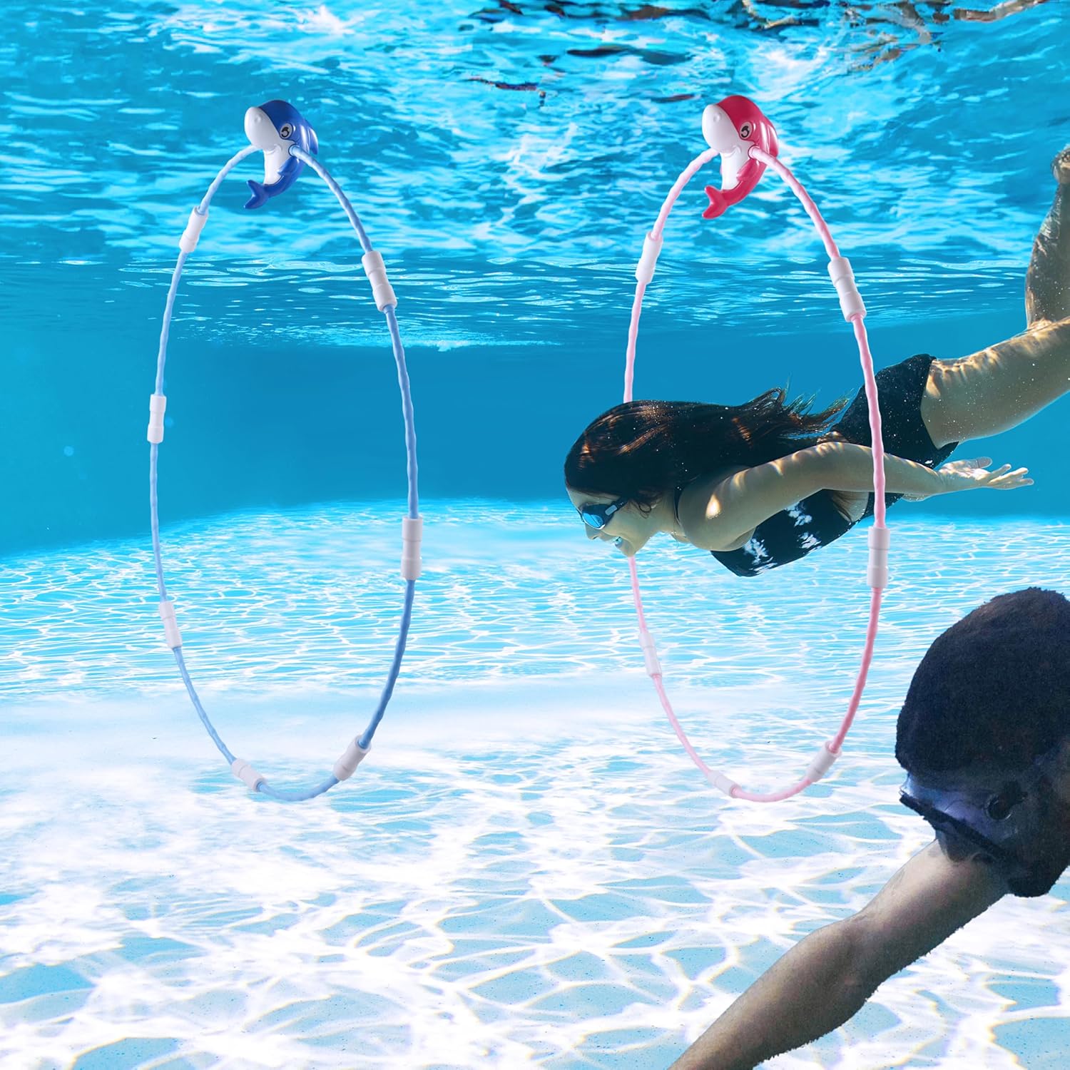 SYNCFUN Diving Rings Pool Toys - 2 Pack Swim Thru Rings with Whale Buoys, Sticks & Connectors for Kids Underwater Dive Games
