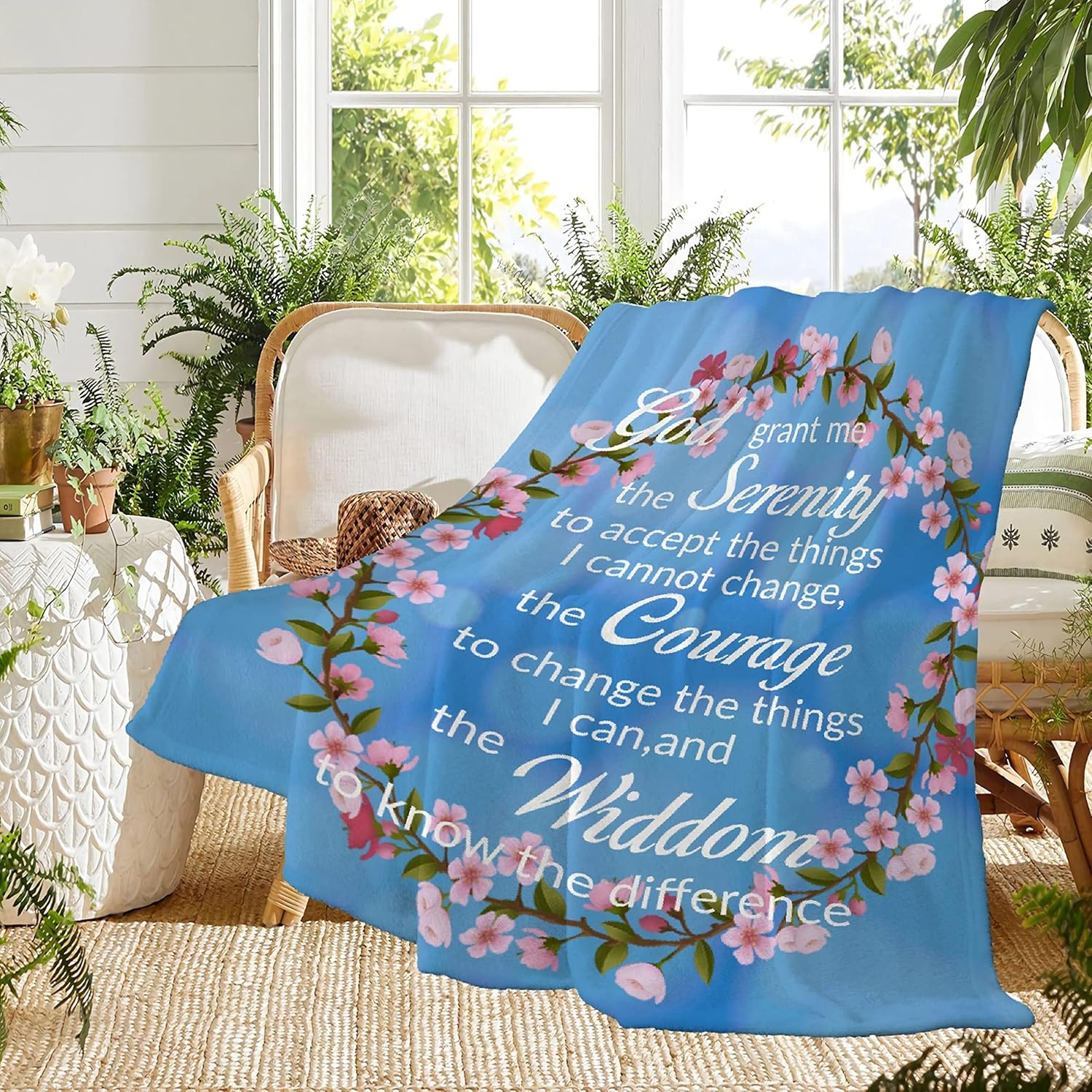 Serenity Prayer Blanket Inspirational Thoughts, Blue Flora Throws Religious Gift for Women Men , Bible Verse Blankets Soft Flannel Fleece Religious Throw Blankets Healing for Lap Couch Chair 50x40In