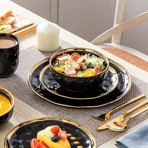 Miniatura 6 de LOVECASA Juego de platos negros y dorados, juegos de vajilla de cerámica para 4, juegos de platos y cuencos de 16 piezas, vajilla hecha a mano con