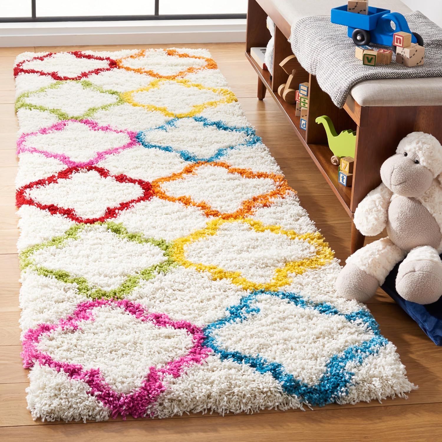 SAFAVIEH Kids Shag Collection Runner Rug - 2'3" x 7', Ivory & Multi, Rainbow Moroccan Design, Non-Shedding & Easy Care, 2-inch Thick Ideal for High Traffic Areas in Living Room, Bedroom (SGK563A)