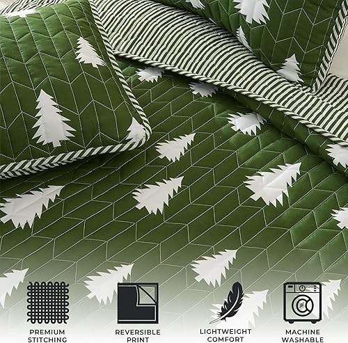 Miniatura 2 de Great Bay Home Juego de colcha reversible de tamaño individual de color verde oliva de estilo rústico de cabaña y funda decorativa de almohada apto