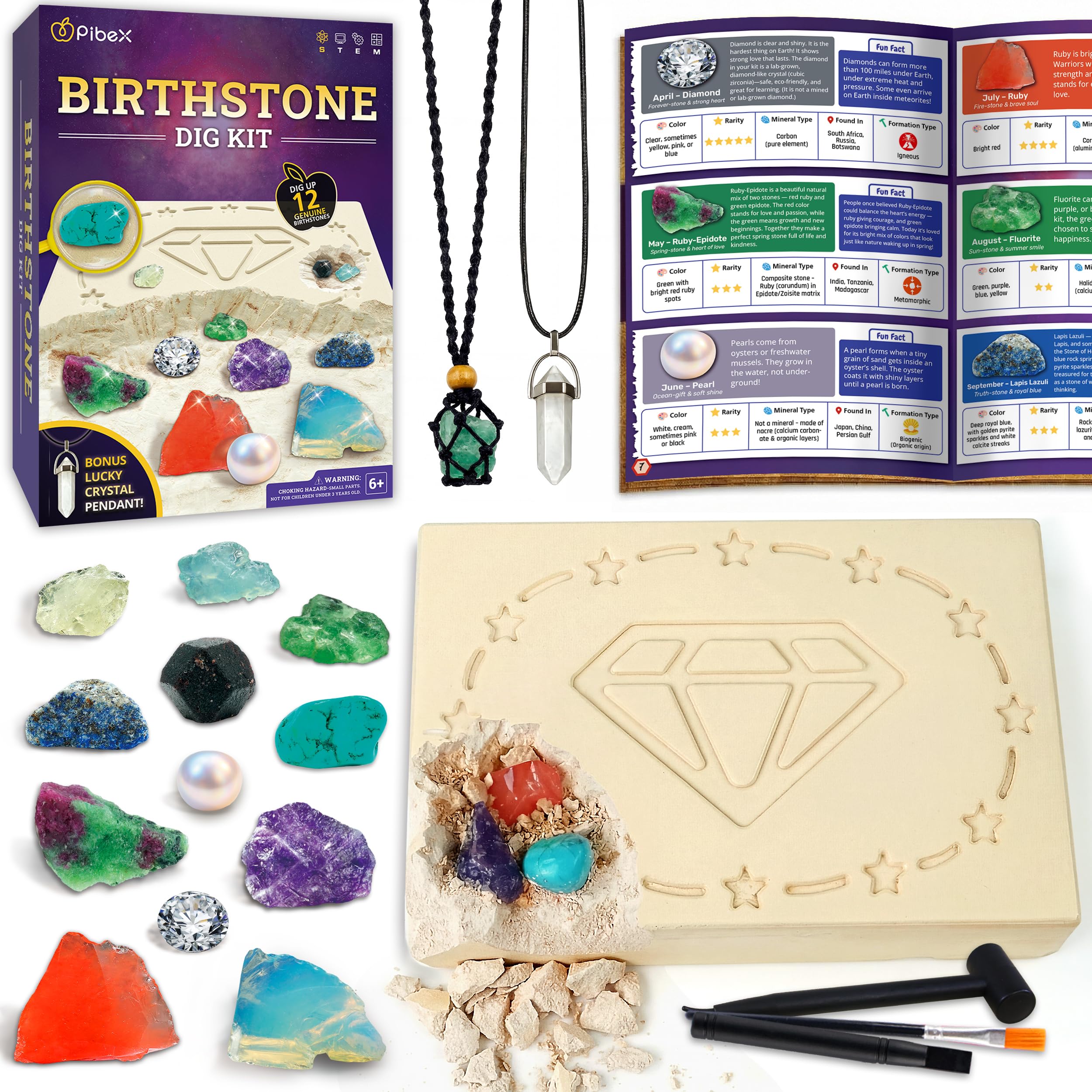 PIBEX Birthstone Dig Kit, Excavate 12 Real Gems & Crystals, DIY Gemstone Necklace & Bonus Pendant, STEM Educational Gemology Toy, Rock Geology Gifts for Boys & Girls 6-12