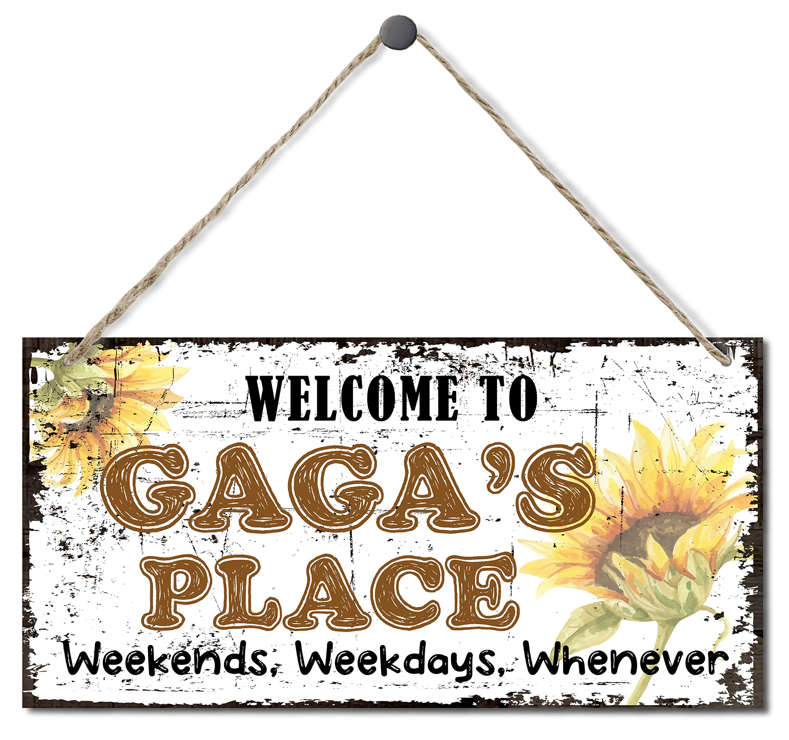 EDCTOVintage Style Sign, Welcome to GaGa's Place Weekends, Weekdays, Whenever Decorative, Hanging Wood Sign Home Decorative, Printed Wood Wall Art Sign, Sunflower Sign Gift for Grandma 12 x 6 in