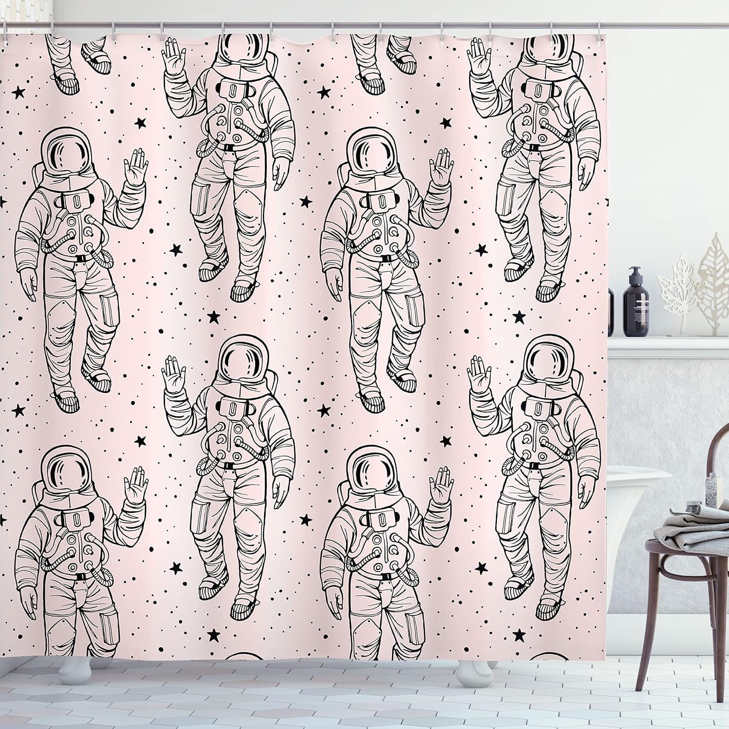 Ambesonne Outer Space Shower Curtain, Sketchy Astronaut in Sky Stars Cosmic Spacesuit Raised Hand Salute, Cloth Fabric Bathroom Decor Set with Hooks, 69" W x 70" L, Coconut Black