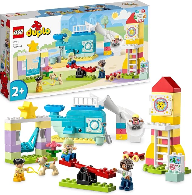 LEGO 10991 DUPLO Wymarzony plac zabaw, zabawka konstrukcyjna dla 2-latka z wielorybami i rakietą do zbudowania, klocki edukacyjne do nauki literek, cyferek i kolorów