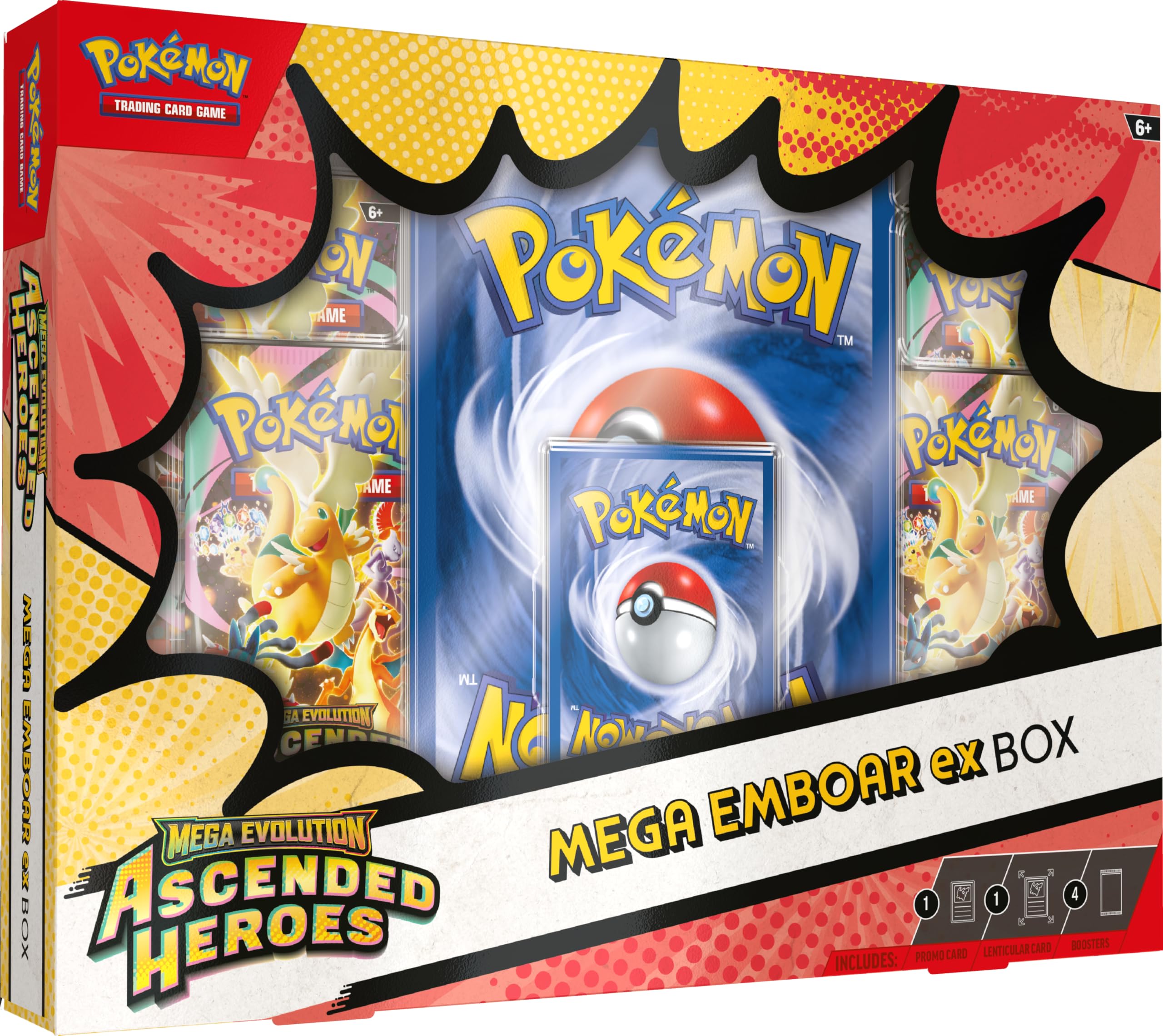 Pokémon TCG: Mega Evolution—Ascended Heroes Mega Emboar ex Box (1 Foil Promo Card, 1 Oversize Lenticular Card & 4 Booster Packs)