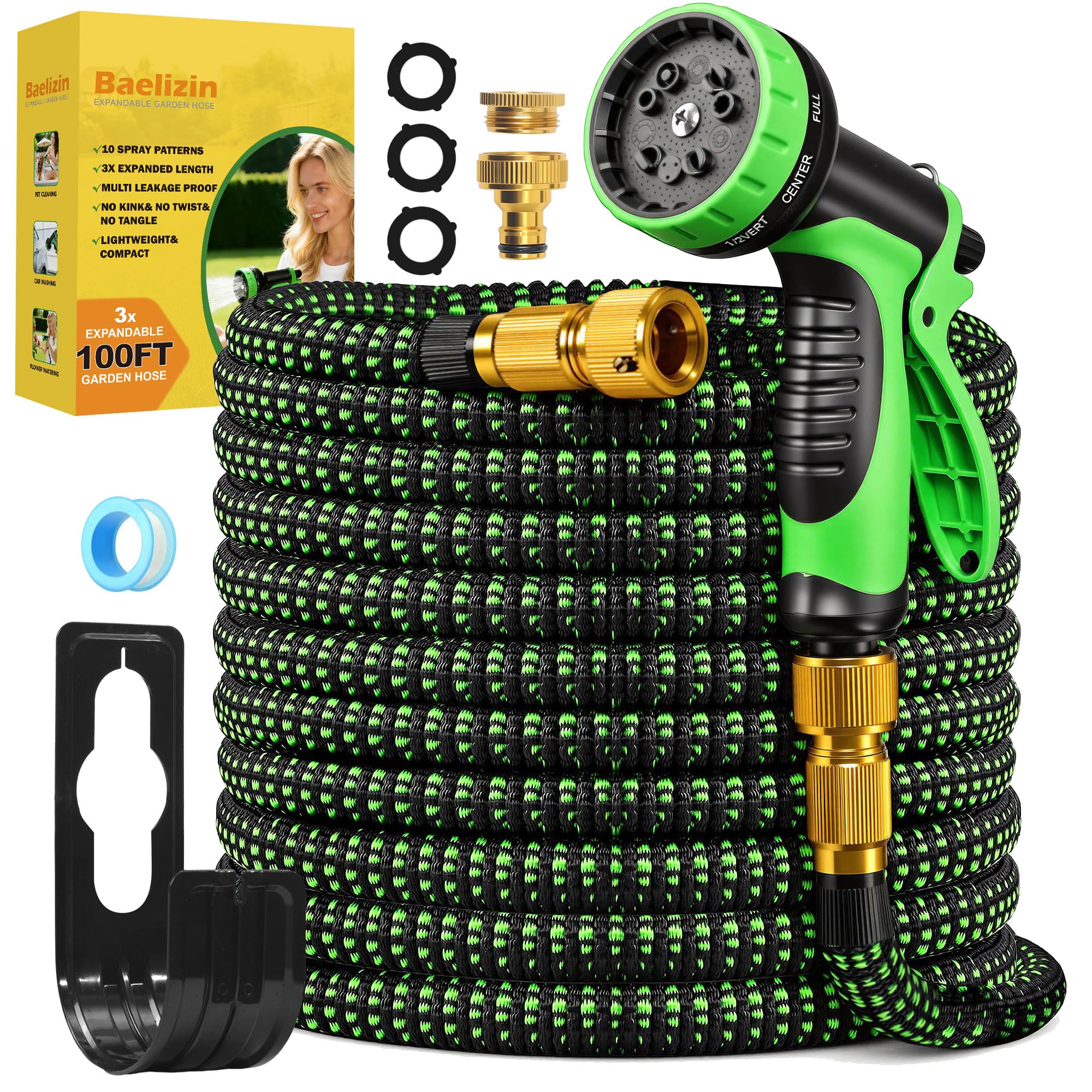 Expandable Garden Hose Pipe 100FT, Retractable Flexible Hose Pipe, 10-Pattern Spray Nozzle, 3/4" & 1/2" Alloy Connectors, Leak-Proof, Kink-Free, Expanding Water Hose for Gardening, Washing & Cleaning