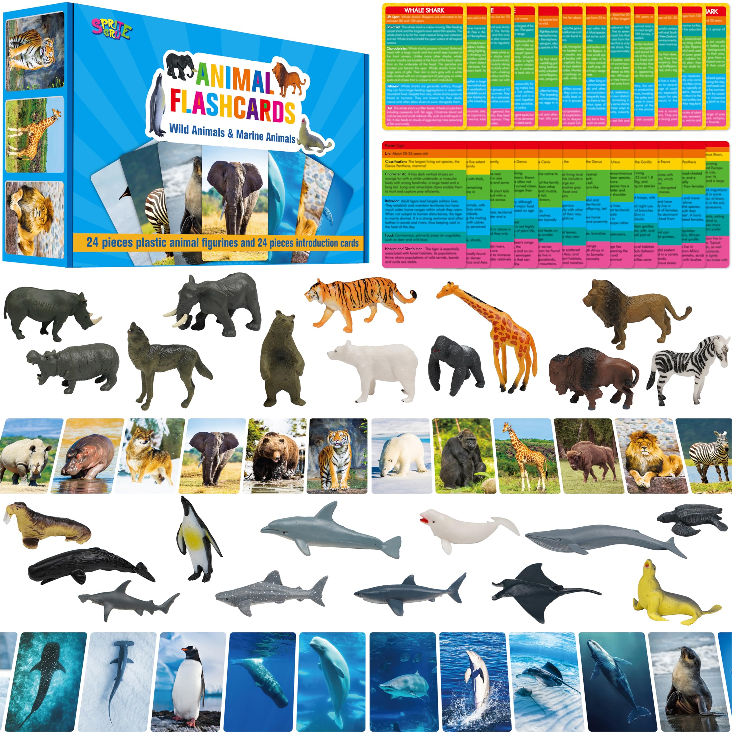 24PCS Animal Figurines with 24 Introducing Flashcards, Wild & Marine Animal Figures Safari and Underwater Creature Learning Montessori Toys Science Educational Matching Game for Homeschool, Kids