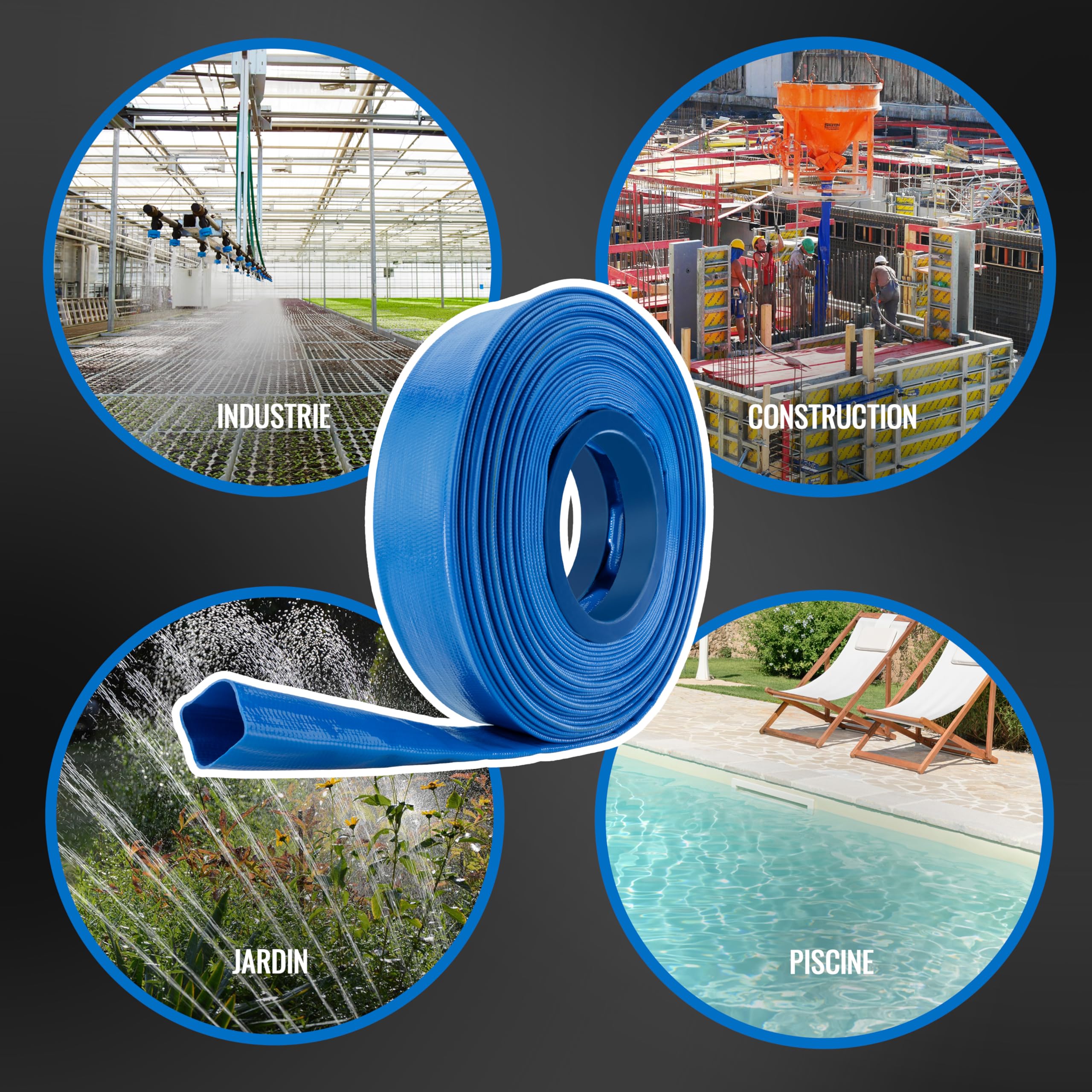 Poppstar Tuyau Plat en PVC 20m, Ø 38mm (1 1/2 pouce), Pression 7 bar, Tuyau de Construction, Bleu