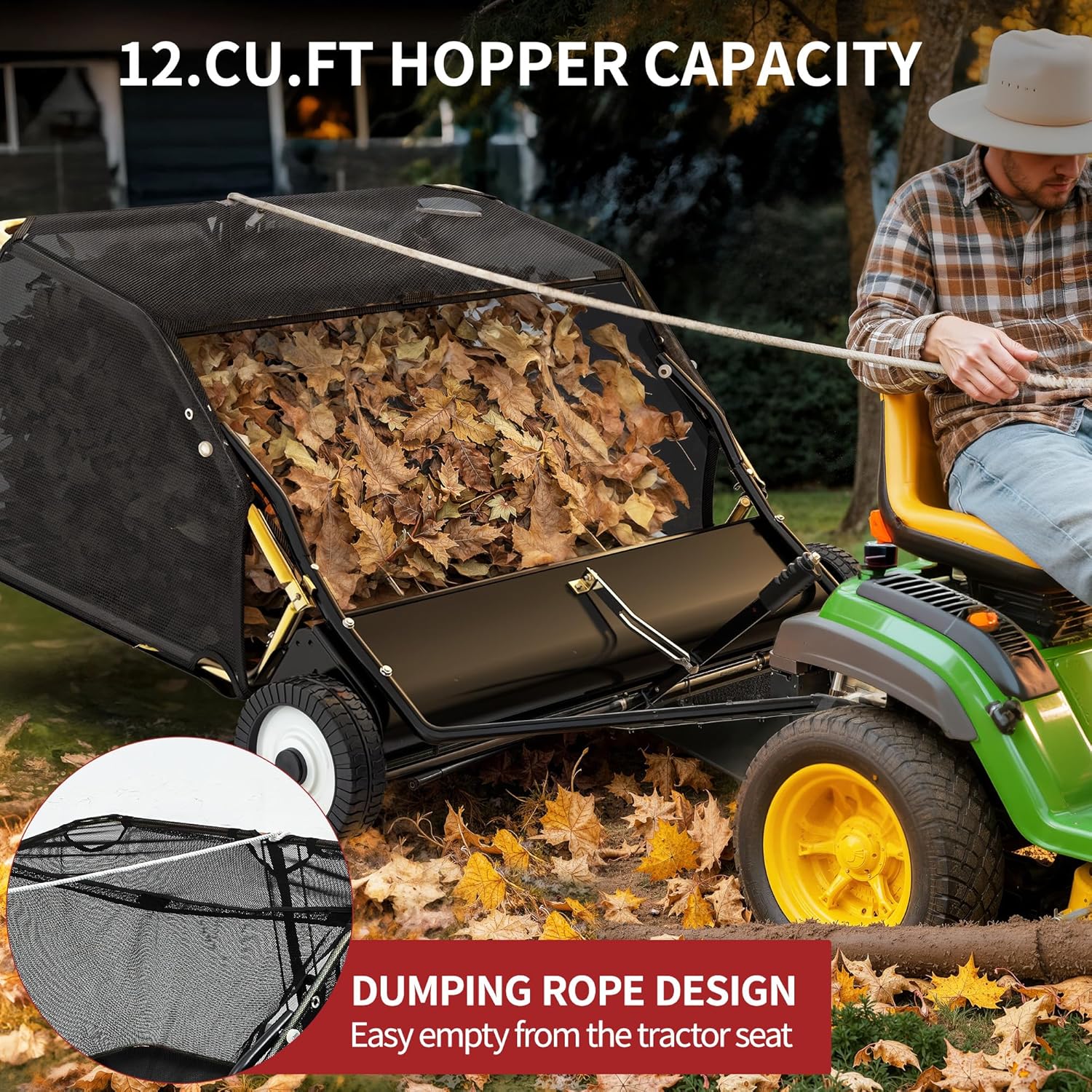 YITAMOTOR 50 "Heavy-Duty Lawn Sweeper and Leaf Collector, Extra-Large 25 Cubic Meters. Ft Hopper - Professional Grass Catcher, Adjustable Brush Height, Tilting Rope