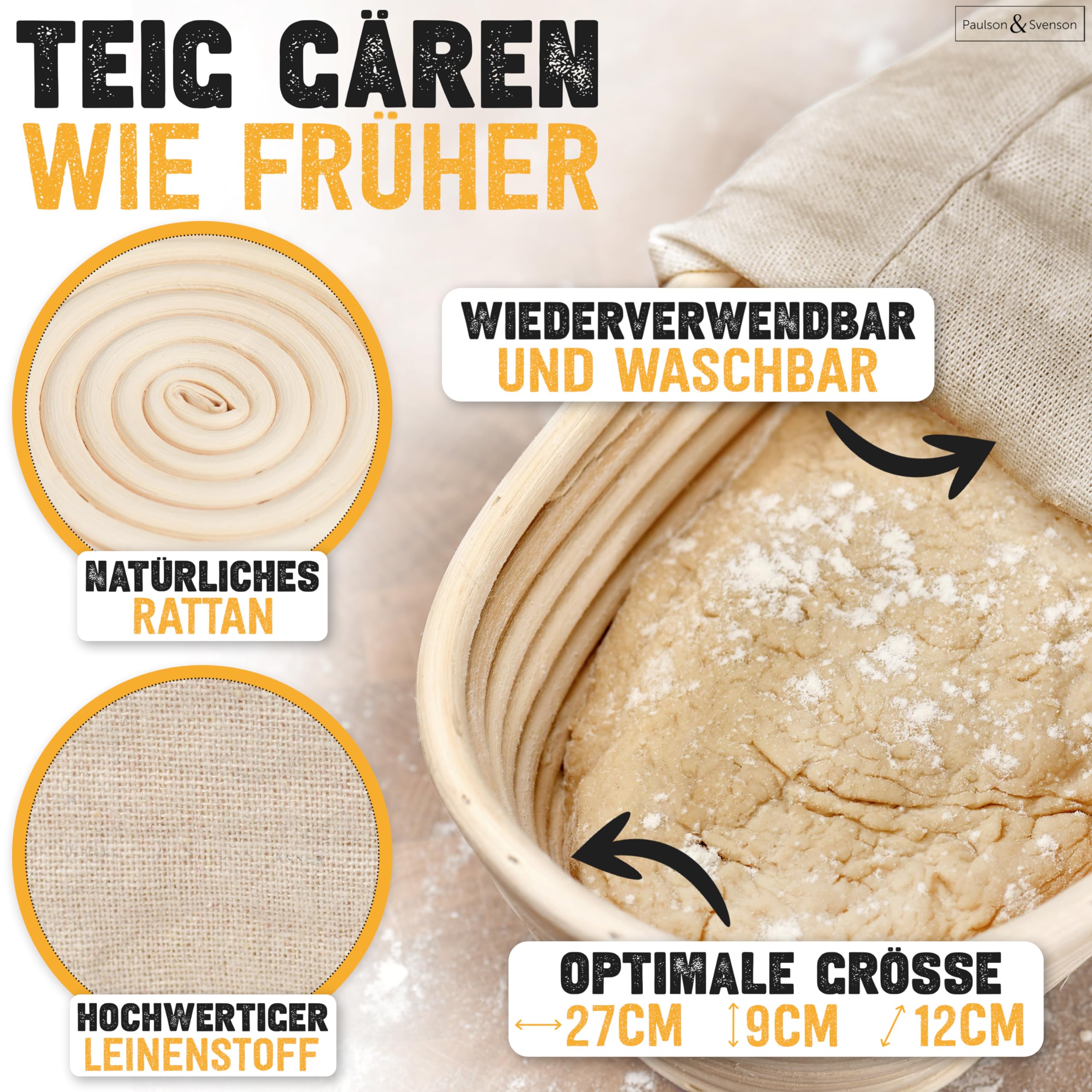 Paulson & Svenson - Brotbackform mit Deckel inkl. Gärkorb & Silikongriffe - Brotform aus Gusseisen zum Backen, Kochen, Grillen - Brottopf/Gusstopf in Kastenform (rechteckig) für frisches Kasten-Brot