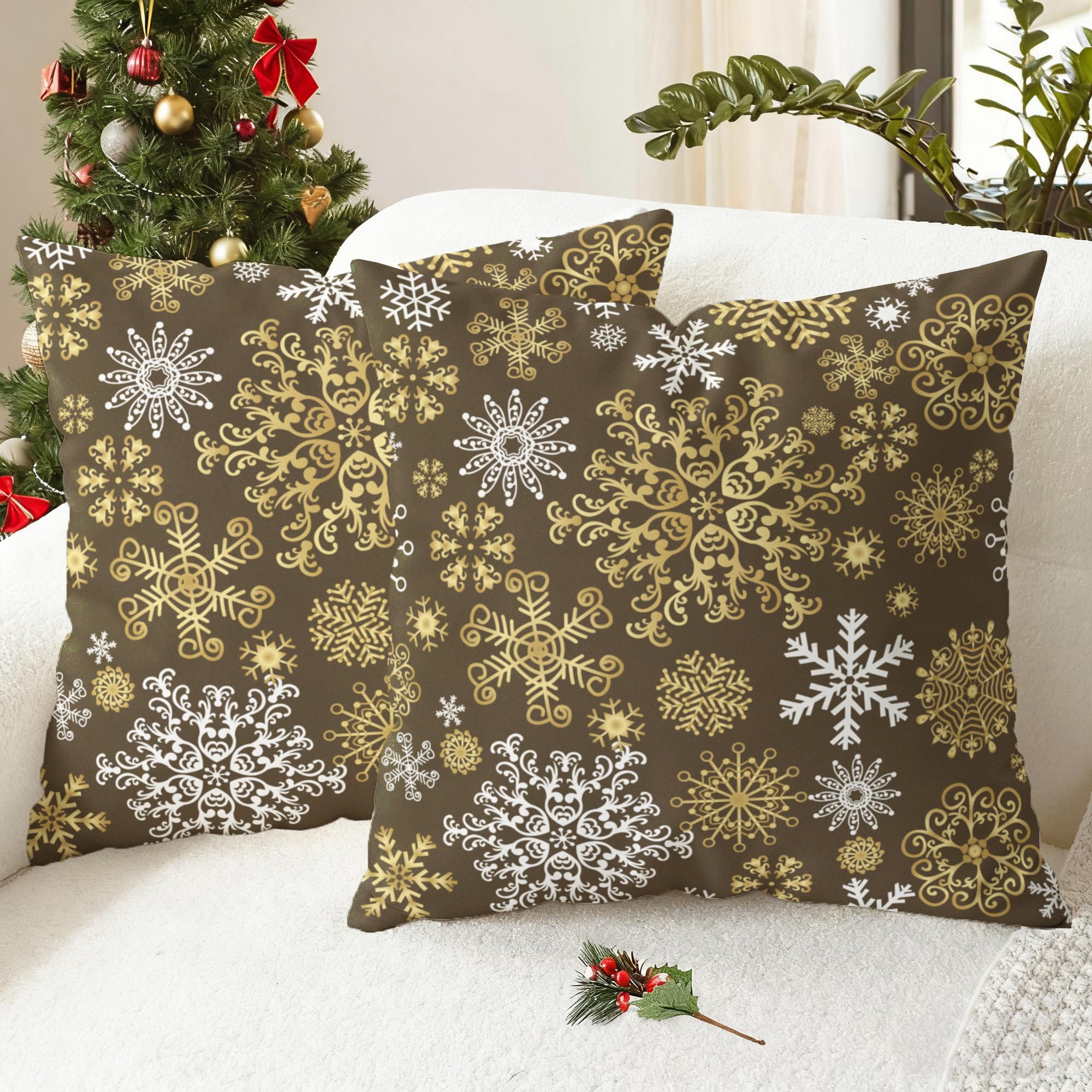 CaliTime Cushion Covers Pack of 2 Cozy Fleece Throw Pillow Cases Covers for Couch Bed Sofa Christmas Snowflakes Both Sides 40cm x 40cm Coffee โ image 1