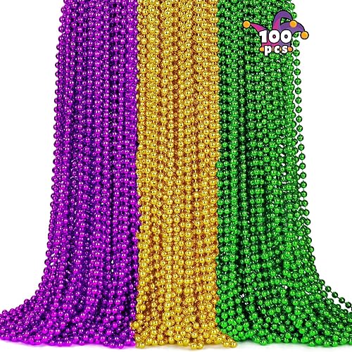 Camlinbo 100 cuentas de Mardi Gras, collar de cuentas de 33 pulgadas, cuentas metálicas de Mardi Gras verde, morado, dorado, accesorios a granel