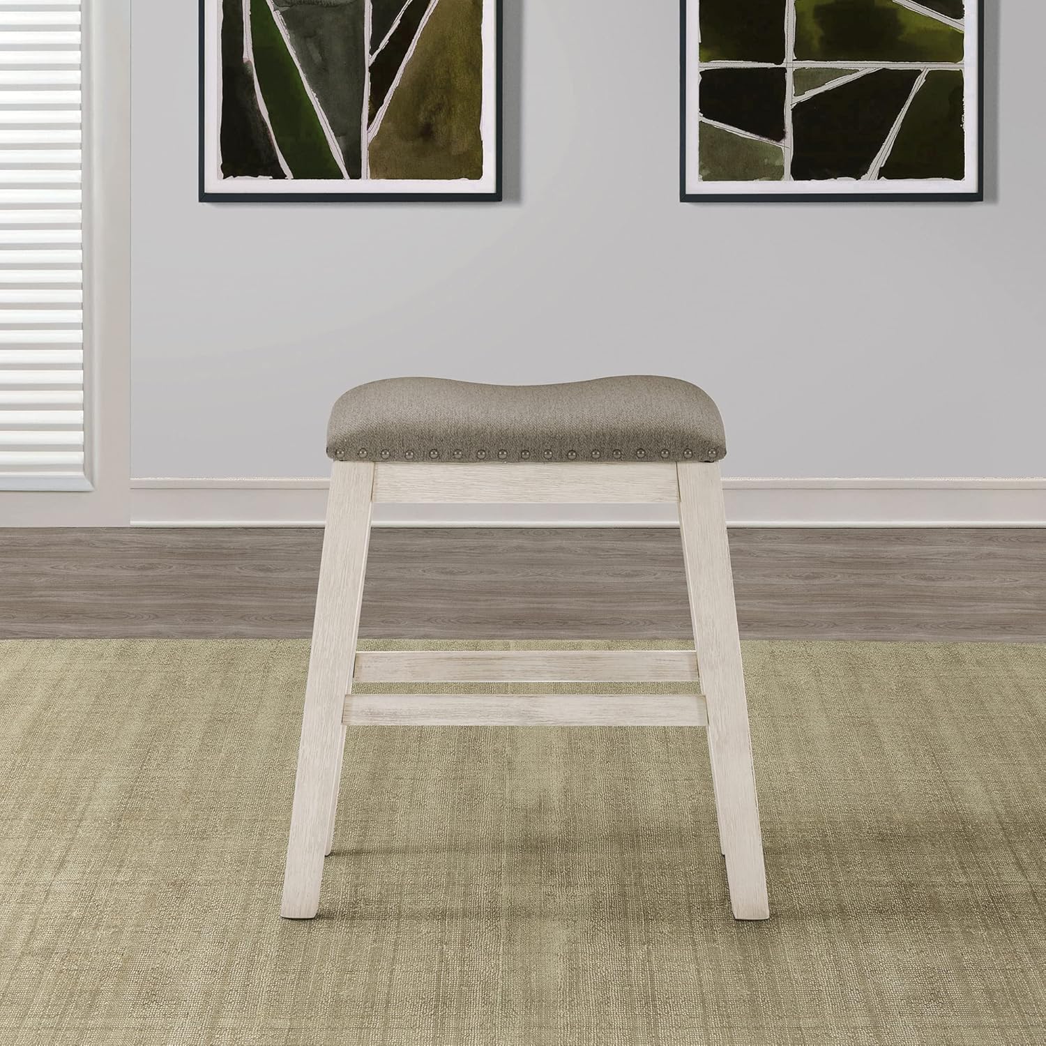Lexicon Counter Stools Set of 2 - Brown Fabric Padded Stool Seat Height 24.5", Counter Height Kitchen Chairs with Solid Wood Frame, Footrest, Nailhead Trim, Easy Assembly, Antique White