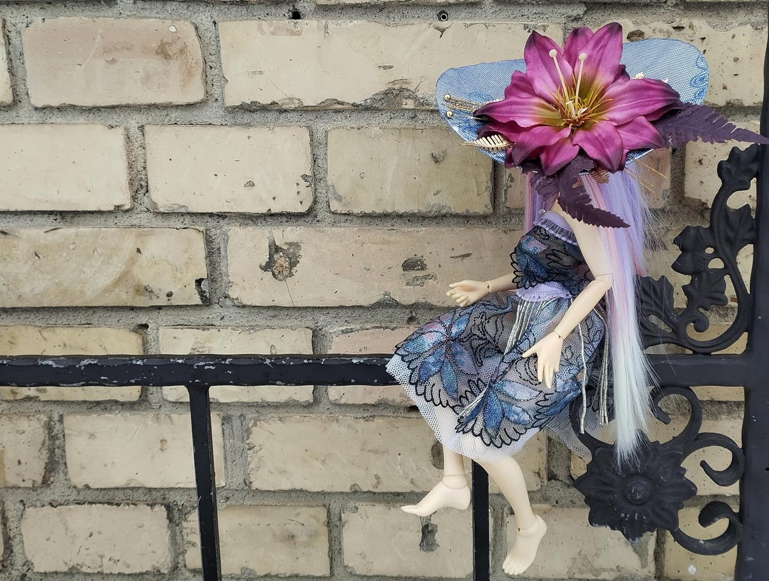 Elegant Doll hat Floral Bloom 5.7 inch 14.5 cm. Head Miniature Wide Brim hat