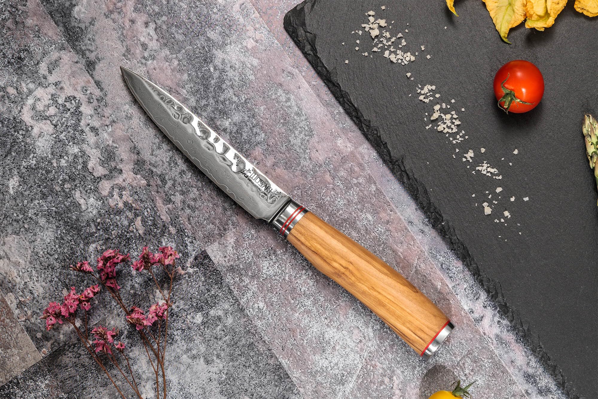 Wusaki Damas 10Cr Coffret de 3 Couteaux de Cuisine : Chef + Universel + Office avec Lames Damas et Manches en Bois d'Olivier – Boîte idéale à offrir