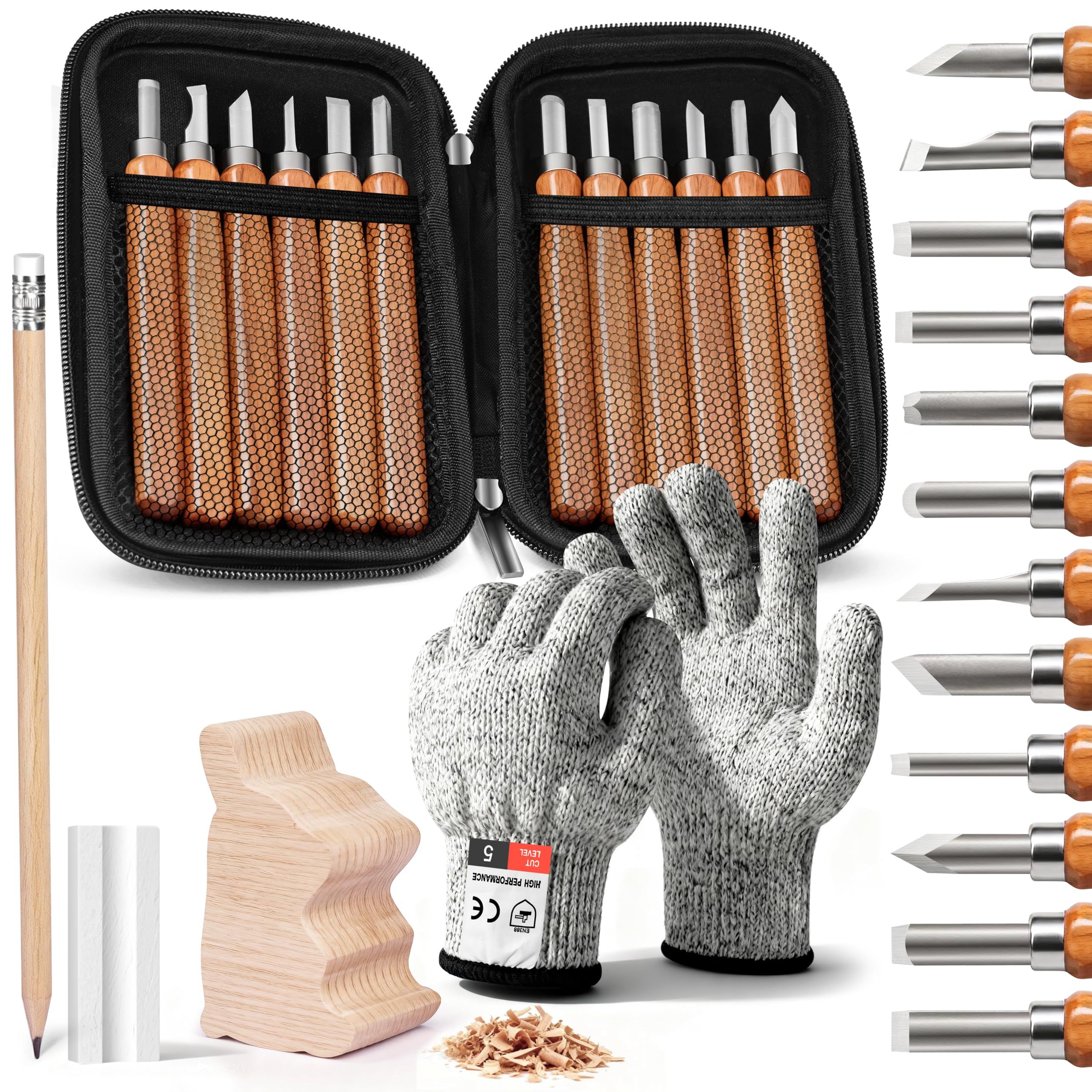 MAIKEHIGH 17Pcs Wood Carving Tool Kit - Professional Carving Chisels Knife Handle for DIY Sculptures Carpenters Experts Beginners with Protective Covers