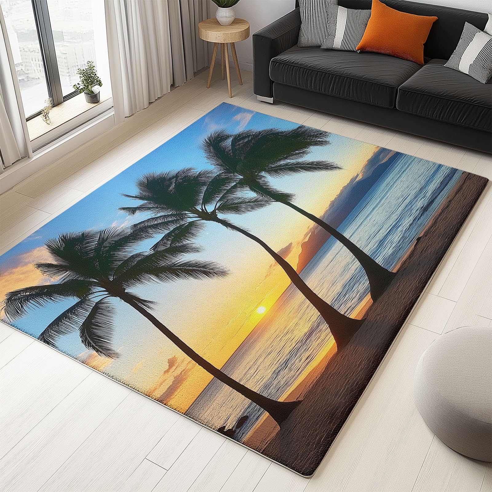 Tappeto multiuso in microfibra Blu Arancione con Fondo Gommato Antiscivolo Paesaggio tropicale tramonto Stampa, per ingresso, bagno - Lavabile in lavatrice 120 x 170 cm