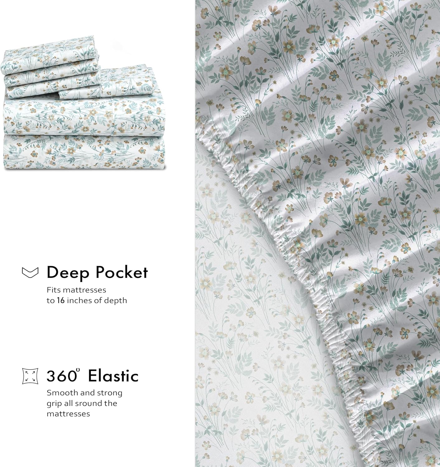 RUVANTI 6 Pcs Cotton Sheets - 100% Natural Cotton Soft, Lightweight & Breathable Crispy Percale Bed Sheets, Queen Sheet Set 16" Deep Pockets, Fleur & Field - Image 7