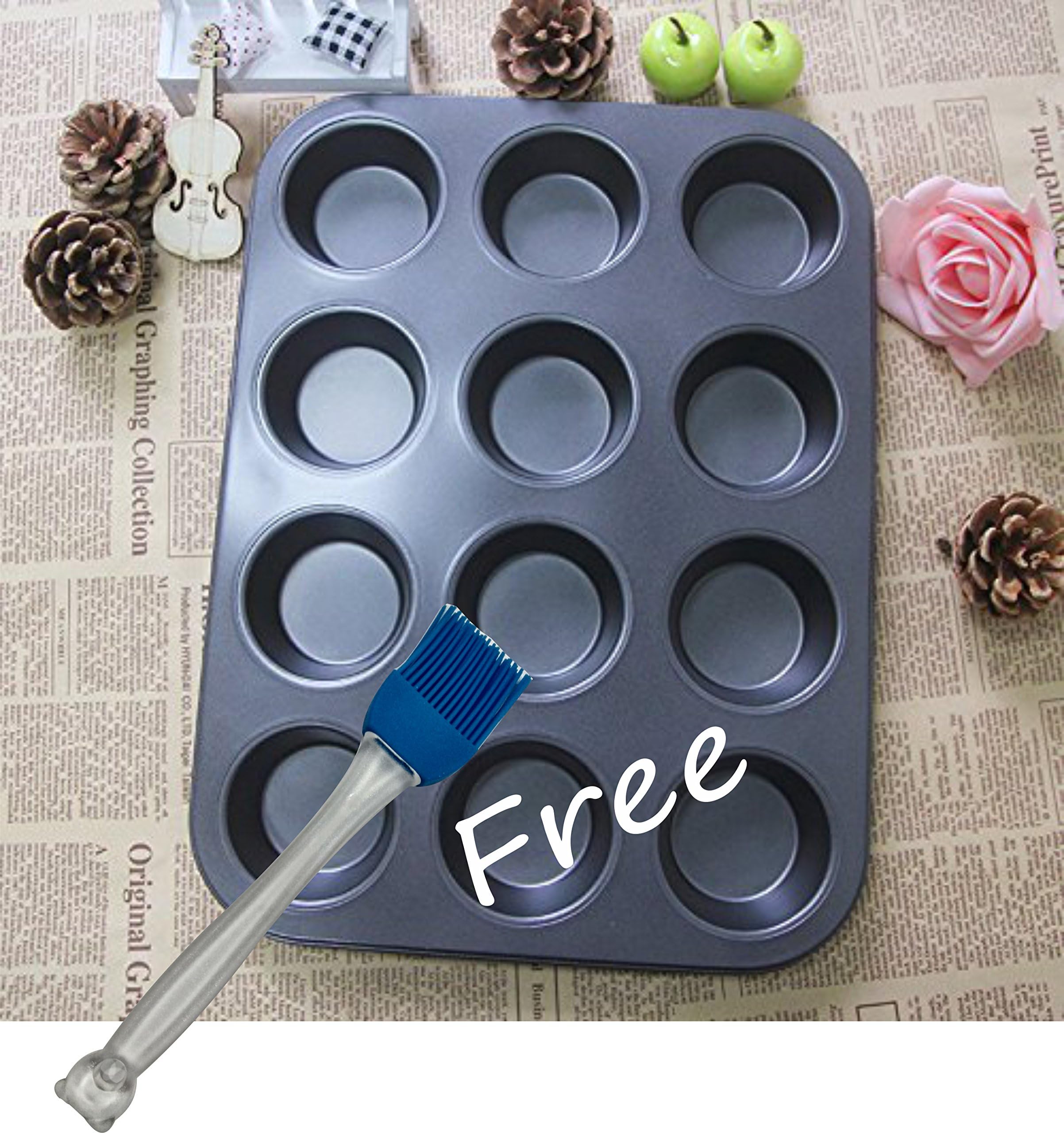 Allmart Enterprise Non Stick Coated Aluminium 12 Cups Muffin Cheese Cupcakes Baking Pan Tray Bakeware with Free Silicon Brush