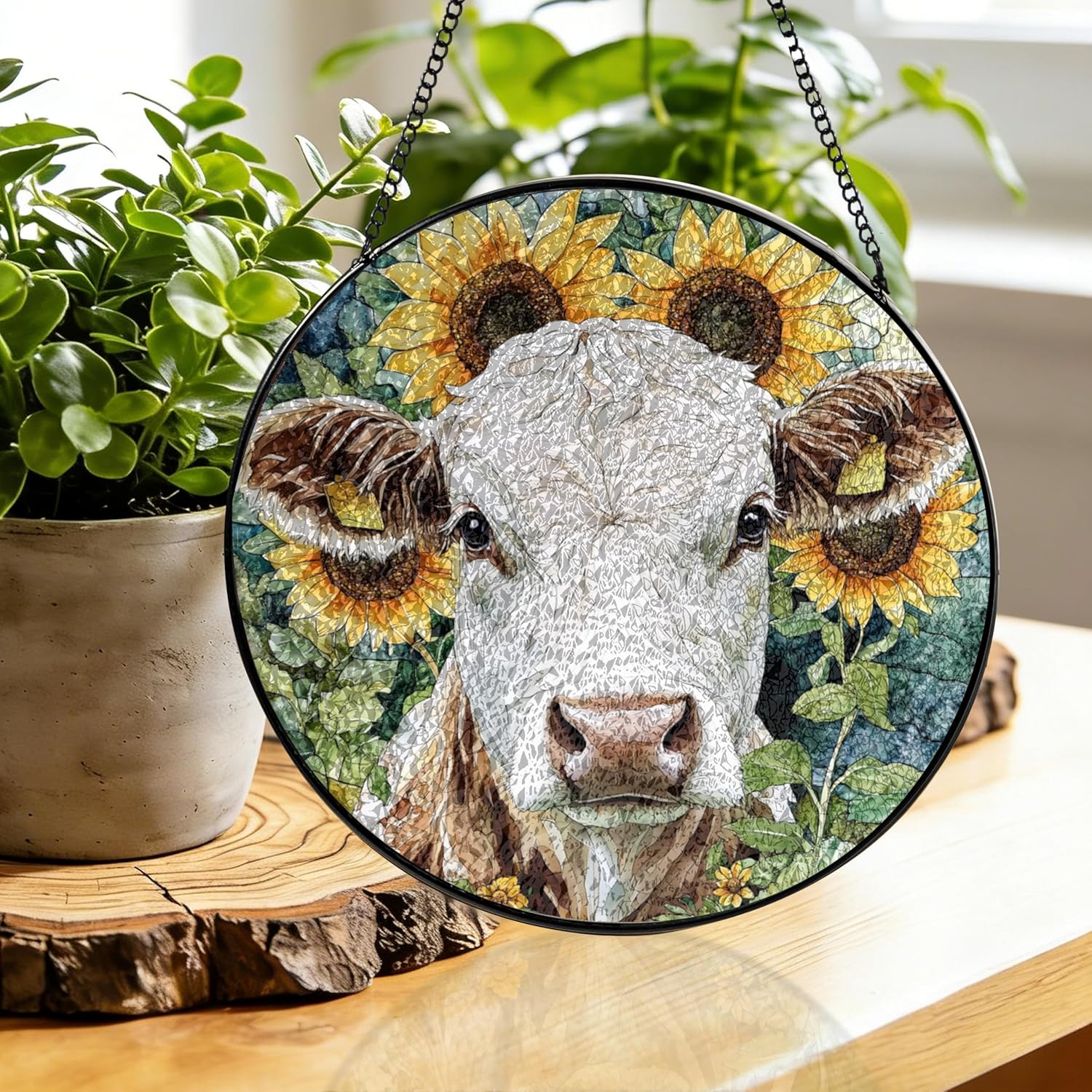 Cow Yellow Sunflowers Stained Glass Window Hanging Brown and White Cow Suncatchers Cows Yellow Floral Glass Panel Hangings Sun Catchers Decor Cows Lovers Gift Meadow Farm Animal Art Gift 11.8inch