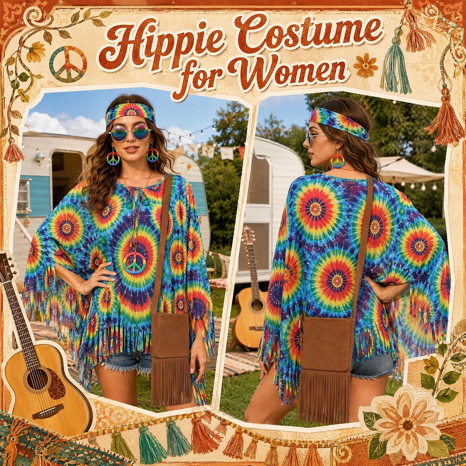 70s Hippie Costume Accessories Set for Women, Retro Disco Cosplay Outfit image 3