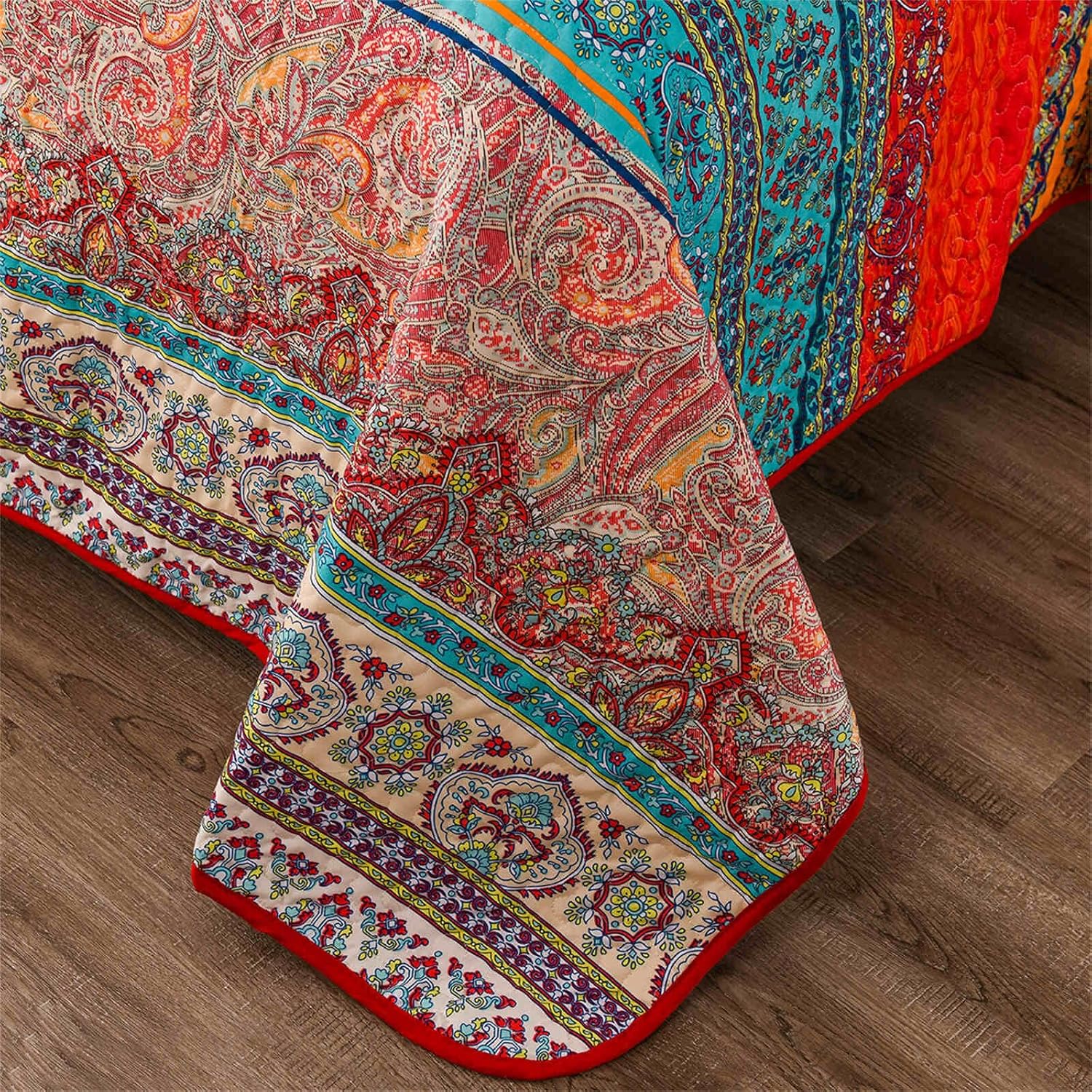Colorful Bohemian Quilt Set Queen Size Boho Red Blue Exotic Striped Printed Bedspread Set 3 Pieces Vibrant Vintage Ethnic Mandala Microfiber Bed Coverlet for All Seasons - Image 6