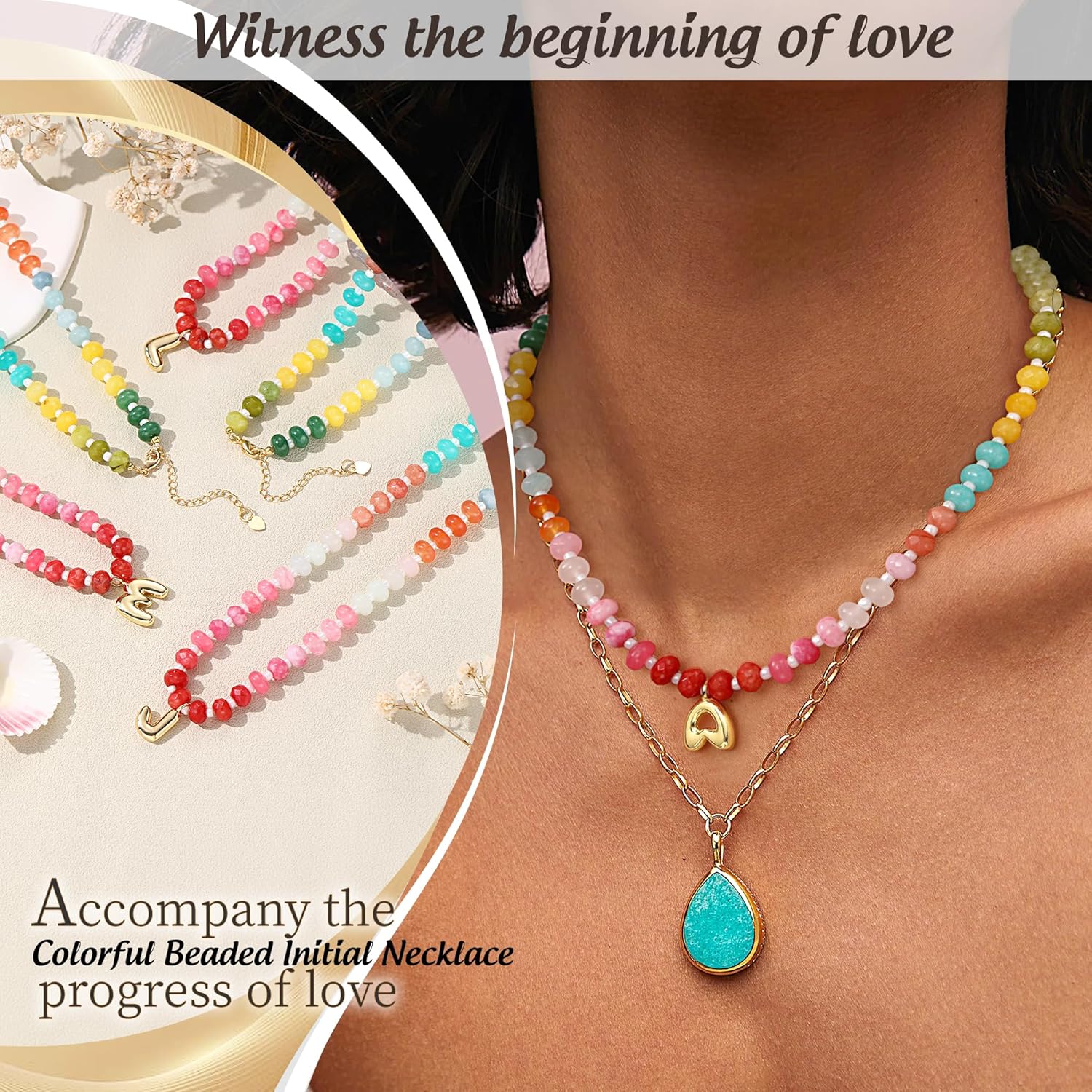 Initial Necklaces for Women, Beaded Necklaces for Women with Bubble Necklace Letter Stocking Stuffers for Teens Trendy Stuff Colorful Gemstone Choker 14k Gold Letter A-Z Pendant Summer Beach Christmas Birthday Jewelry for Her Girlfriend Sister