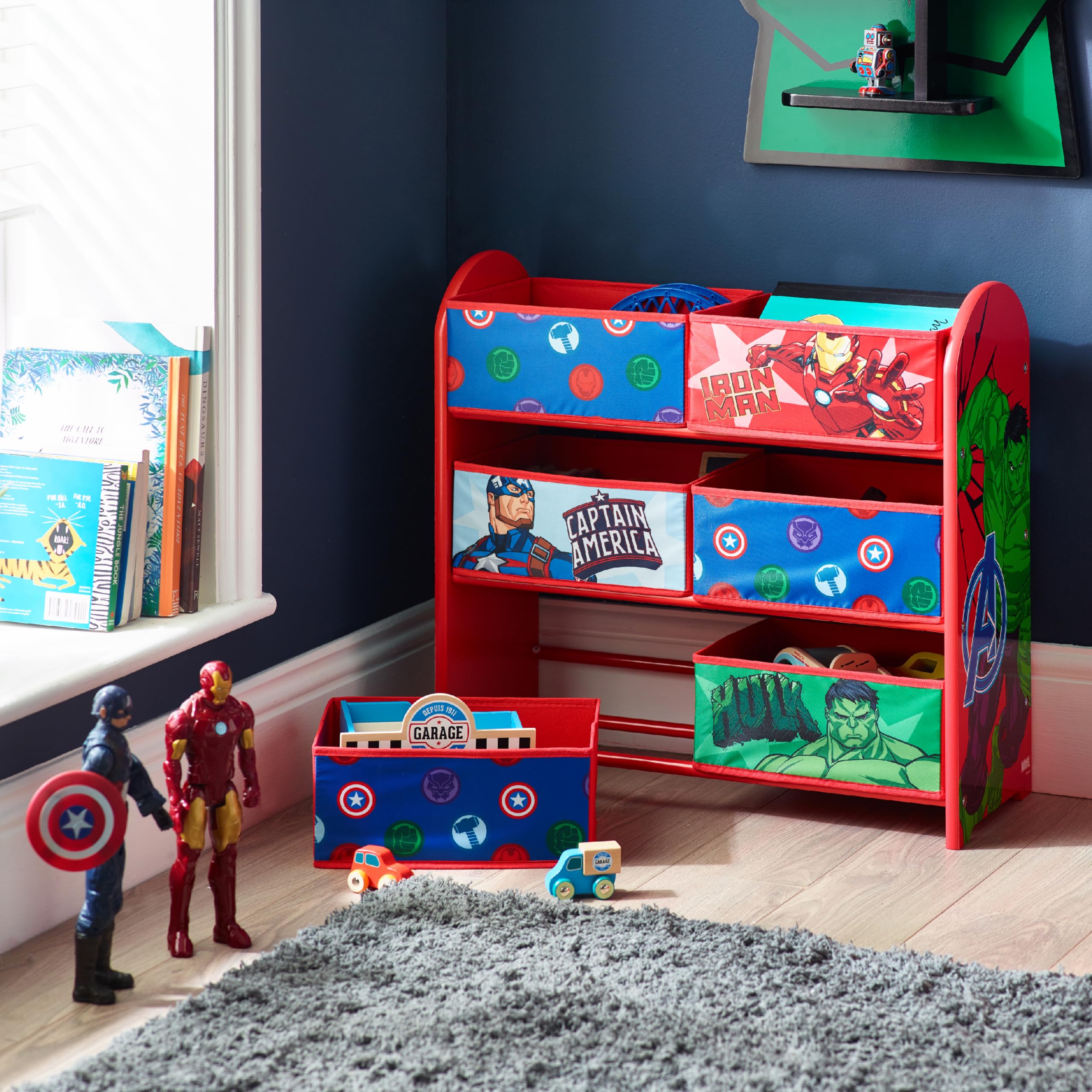 Marvel Avengers Meuble de rangement pour jouets : 6 boîtes de rangement pour chambre à coucher – Fabriqué en bois/tissu/métal – Assemblage et nettoyage faciles