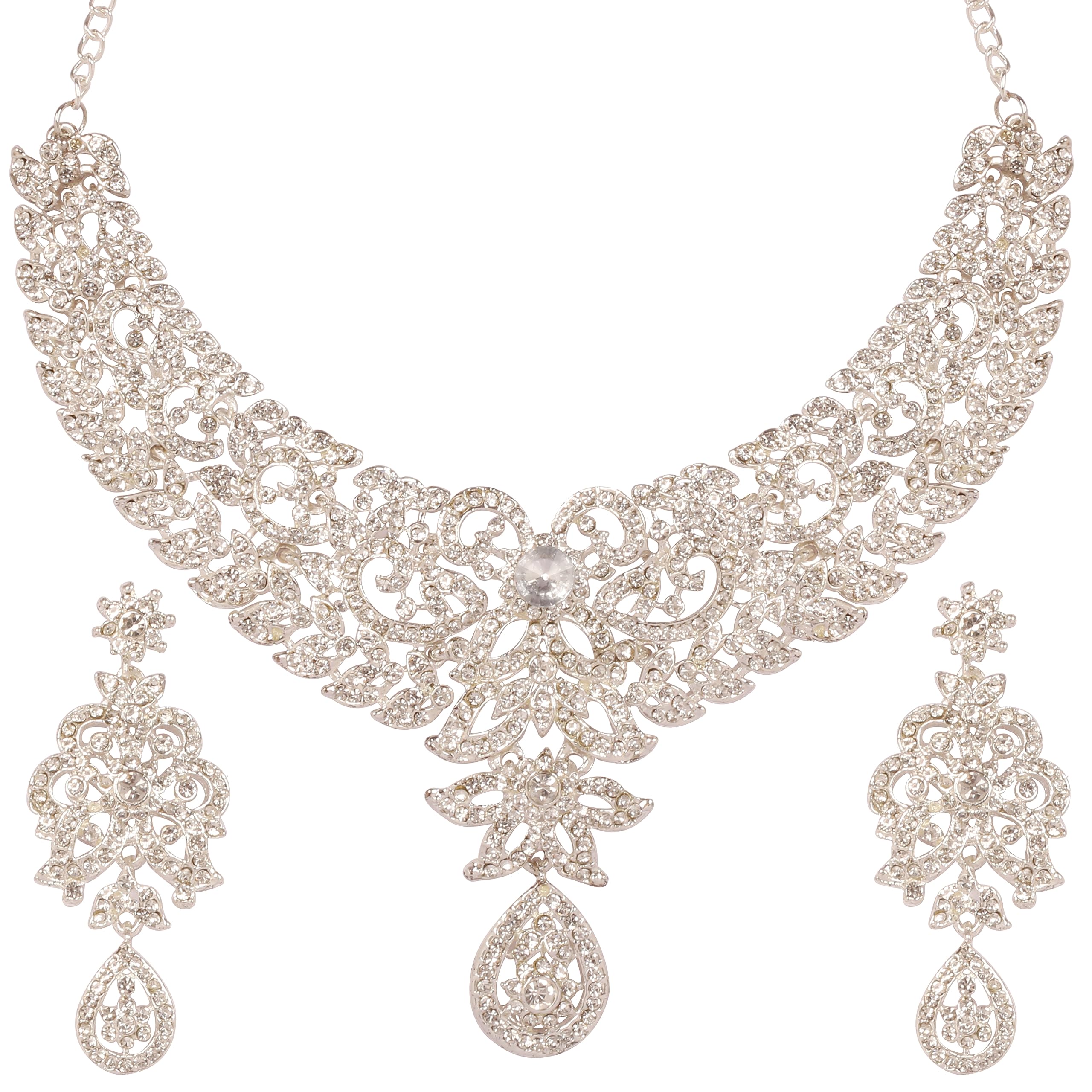 TouchstoneHollywood Glamour Pretty Filigree Paisley Motif Rhinestones Studded Diamond Look Designer Bridal Jewelry Hasli Necklace Set For Women In Antique Gold or White or Silver Tone.