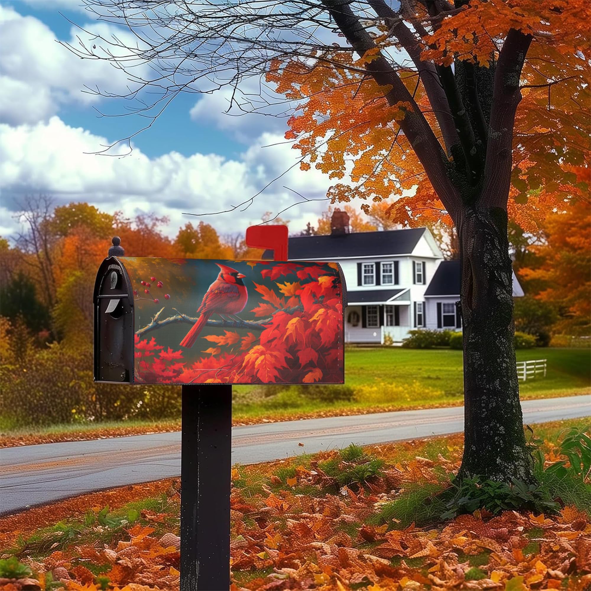 Fall Cardinal Mailbox Cover - 20.5" X 18" Magnetic Decor, Autumn Leaves & Bird Design, Waterproof Outdoor