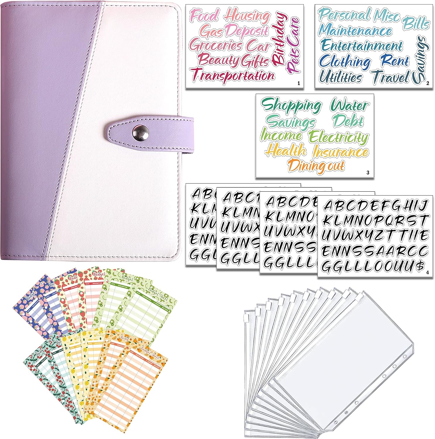 Budget Binder Color Block 30 Pcs A6 PU Leather Notebook Binder Planner Set, Personal Budget Planner Organizer 10 Cash Budget Envelopes Zipper Pockets 12 Budget Bill Planner Sheet 7 Label Stickers