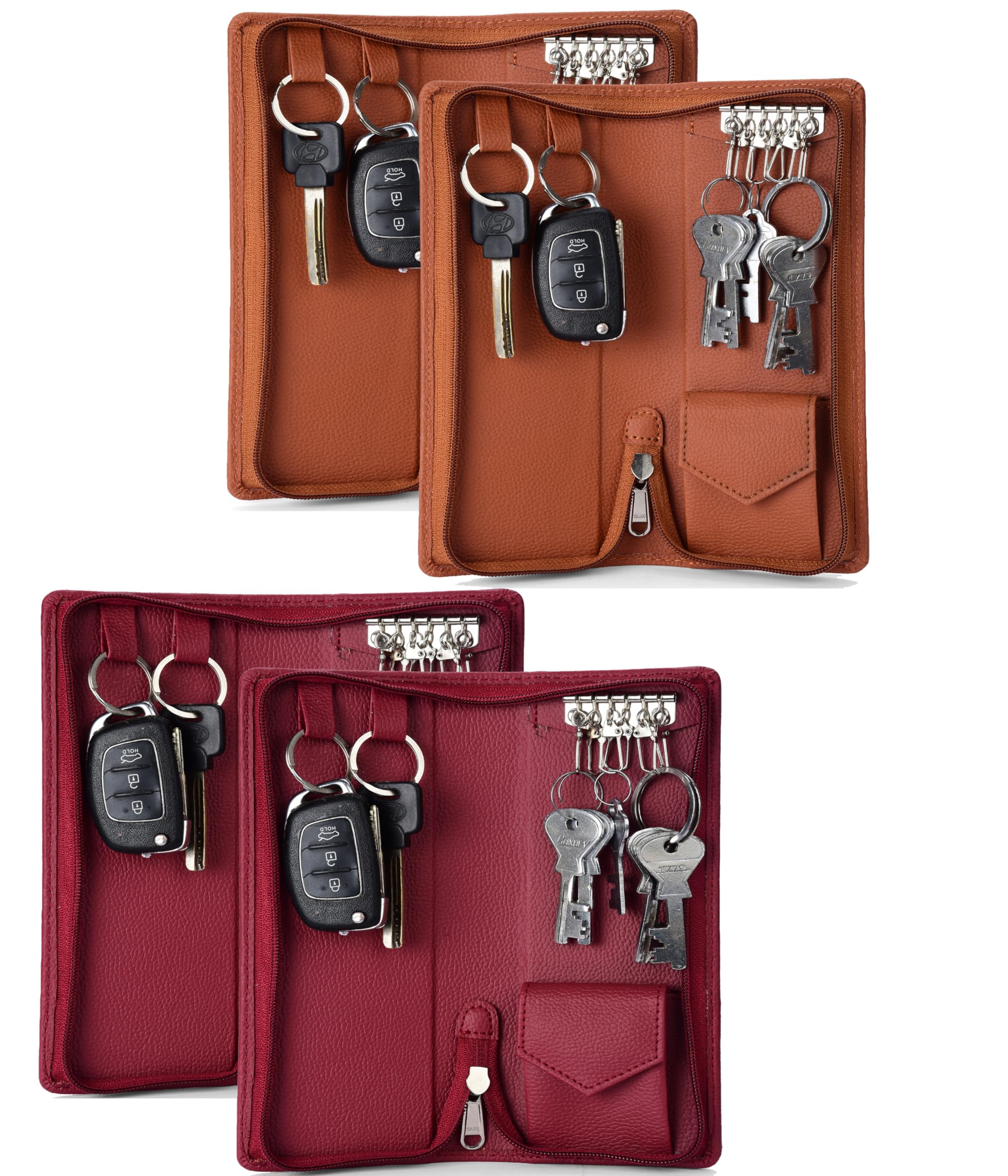 PU Leather Key Case Pouch Wallet Keychain Key pouch holder Men & Women Key Pouch Holder, Bank Locker Key Pouch with 6 Hooks Zipper Closure (Brown,Cherry)(pack of 4)-image-34