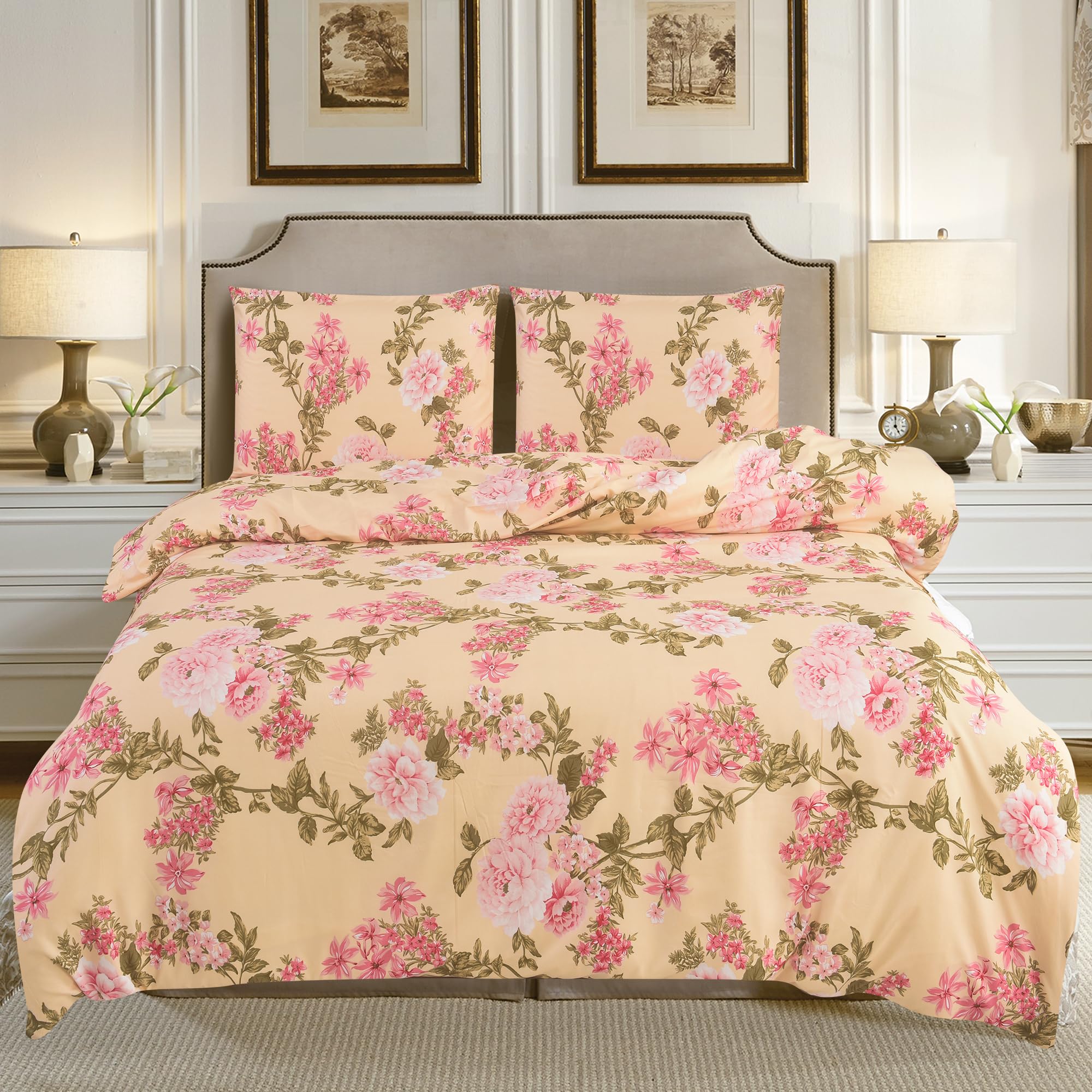 CHARKHAH 4 Piece Reversible Printed Bedding Set Includes 1 Duvet Cover, 1 Deep Fitted Sheet & 2 Pillowcases – Soft Microfibre Easy Care Quilt Cover Set for All Seasons (Blossom Peach, Double) — image 1