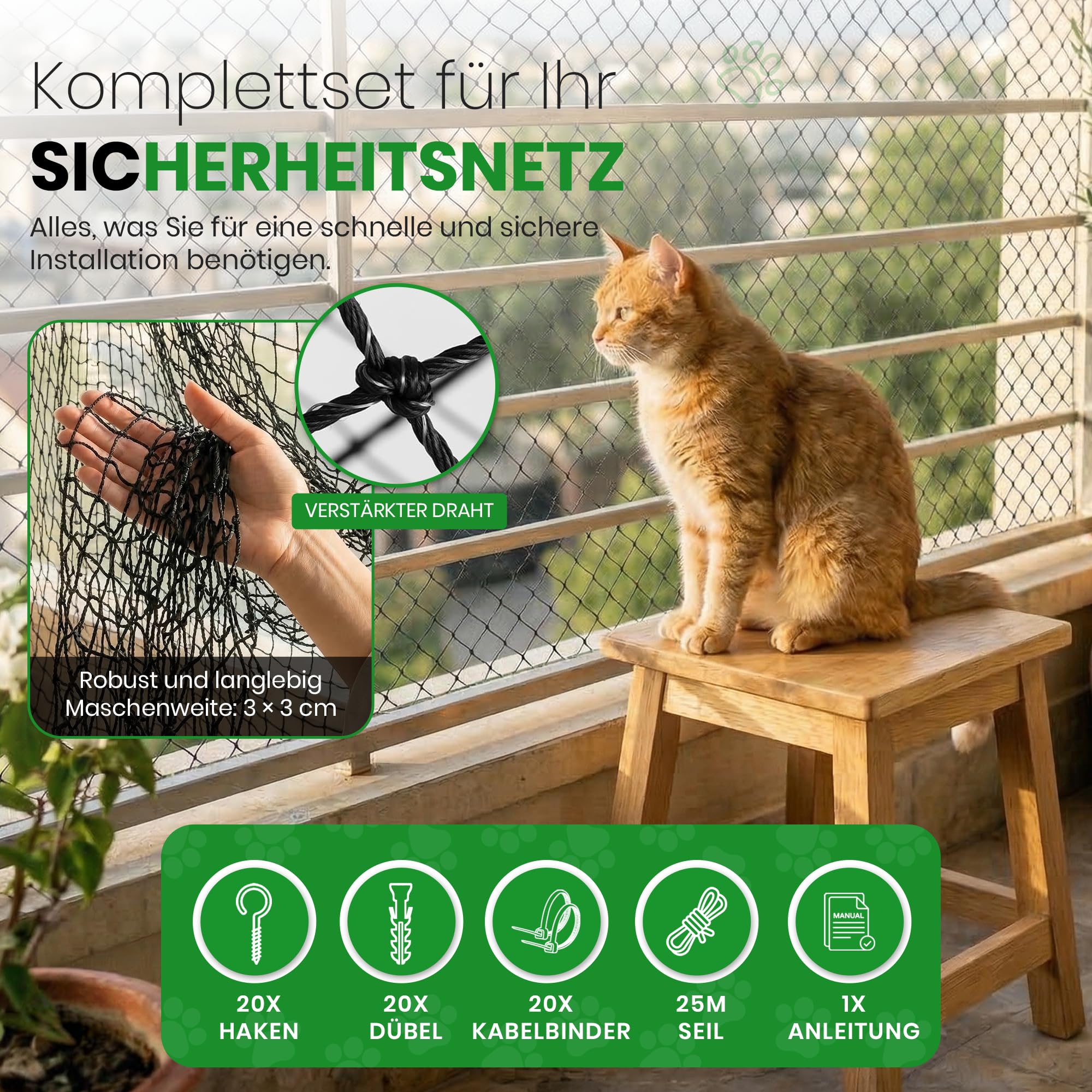 Katzennetz für Balkon Drahtverstärktes, 8x3m Katzengitter Fenster, Katzenschutznetz für Katzen zur Sicherung von Balkon, Terrassen, Fenstern, Dachluken, Türen